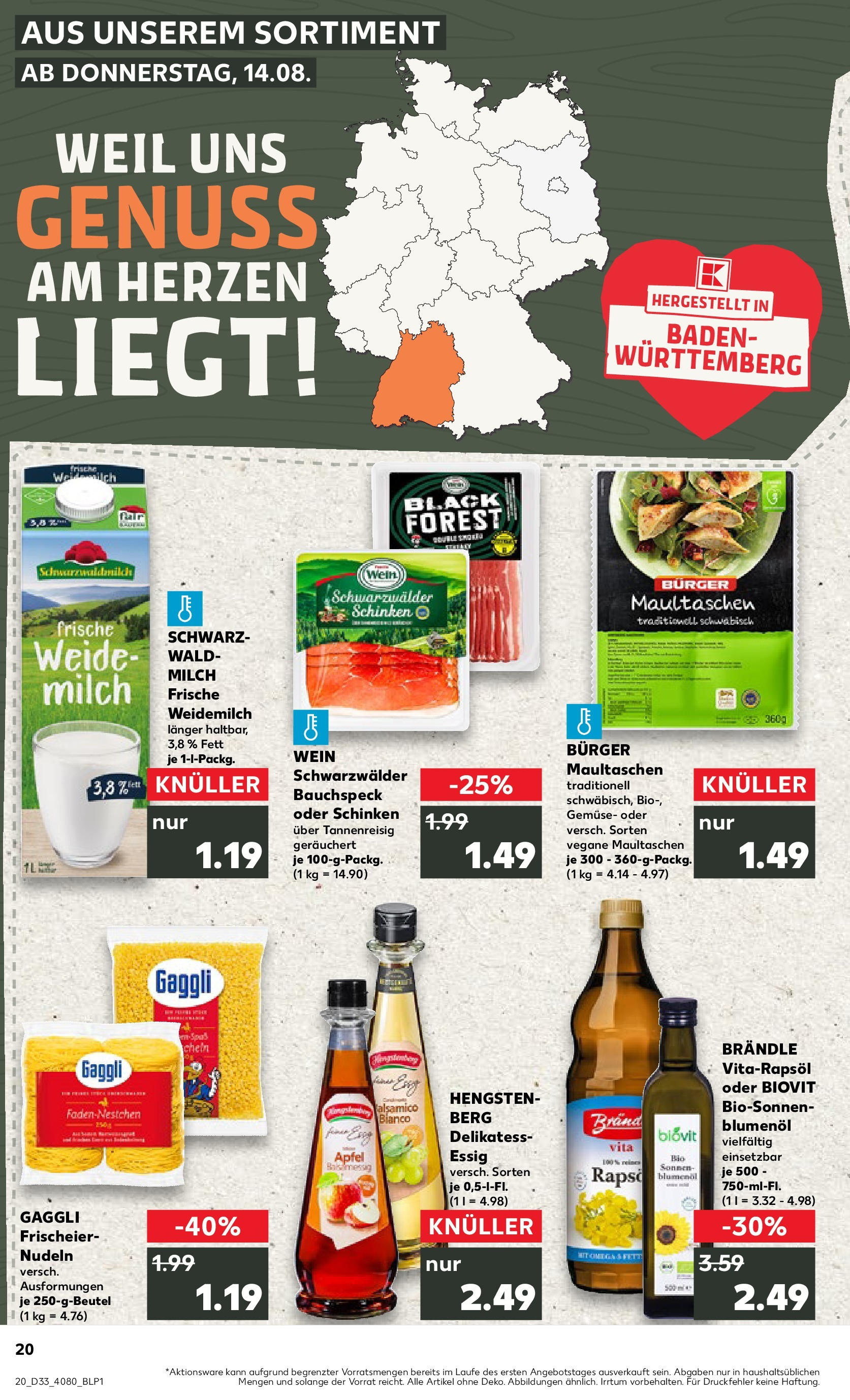 Prospekt Kaufland ab 14.08.2025 » Angebote Online zum Blättern | Seite: 20 | Produkte: Essig, Burger, Äpfel, Maultaschen