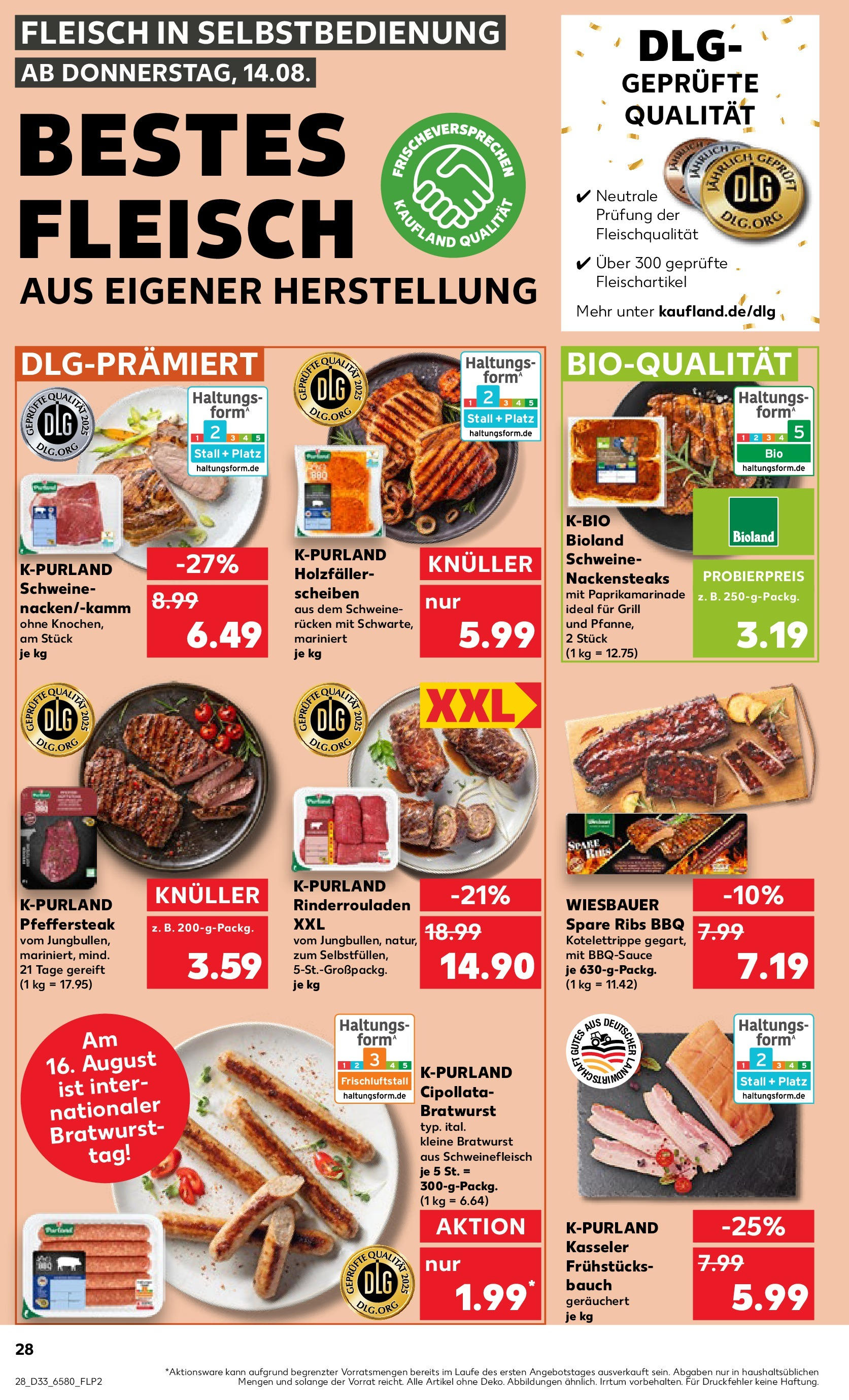 Prospekt Kaufland ab 14.08.2025 » Angebote Online zum Blättern | Seite: 28 | Produkte: Rinderrouladen, Nackensteaks, Spare ribs, Schweinefleisch