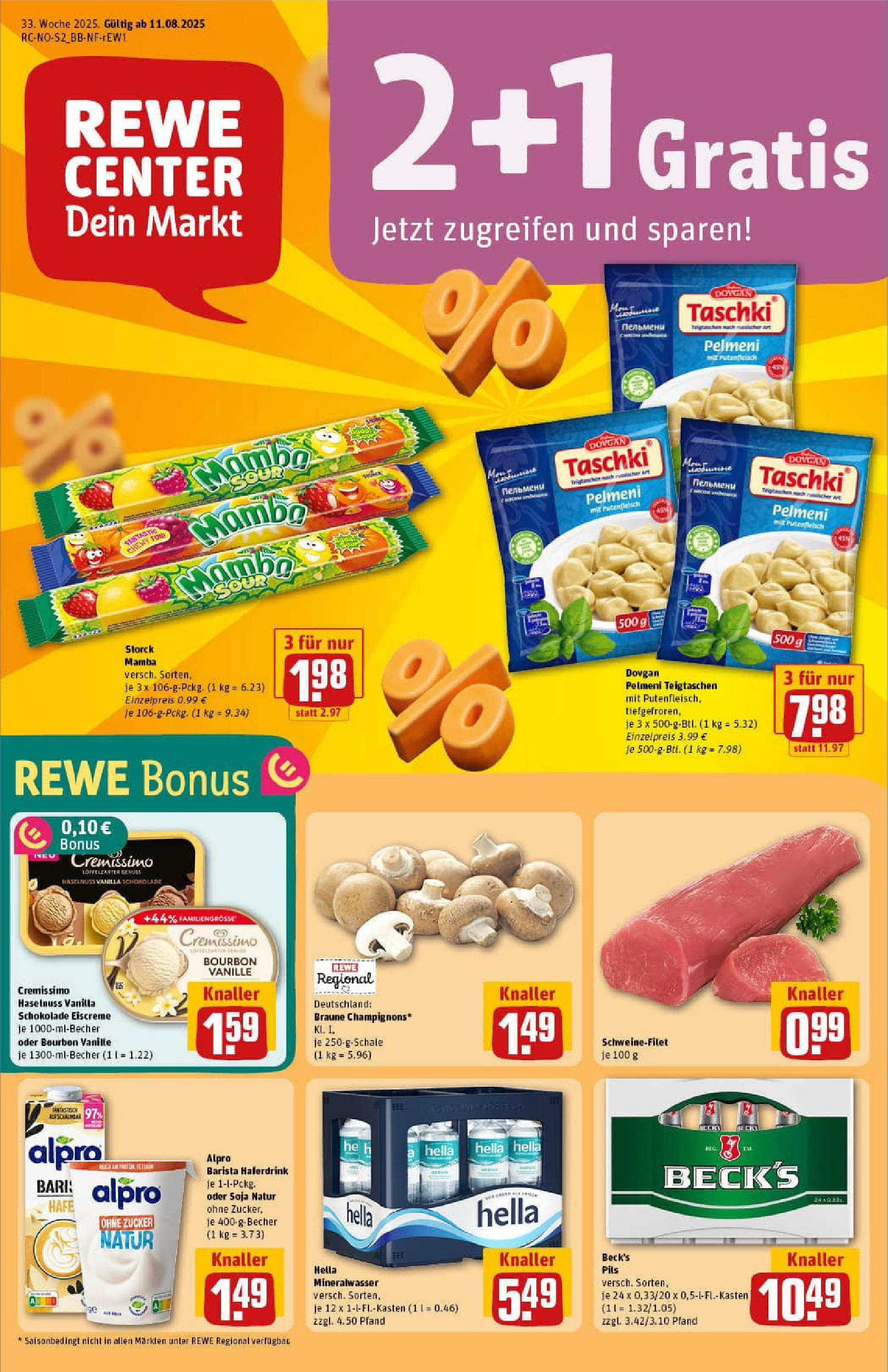 REWE Prospekt ab 11.08.2025 zum Blättern » Angebote | Seite: 1 | Produkte: Pils, Mineralwasser, Schweinefilet, Bourbon