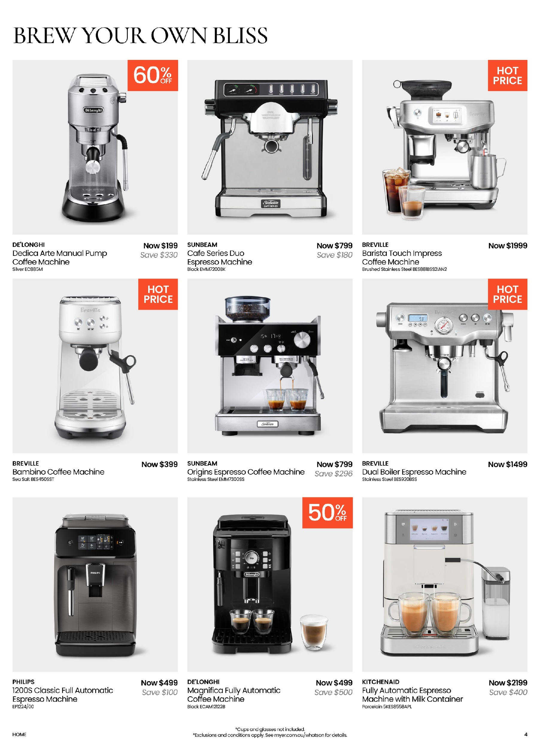 Myer Catalogue Make Space for Spring Kitchen & Dining Home Essentials - 11/08/2025 > weekly / monthly specials | Page: 4 | Products: Milk, Salt, Glasses, Espresso machine