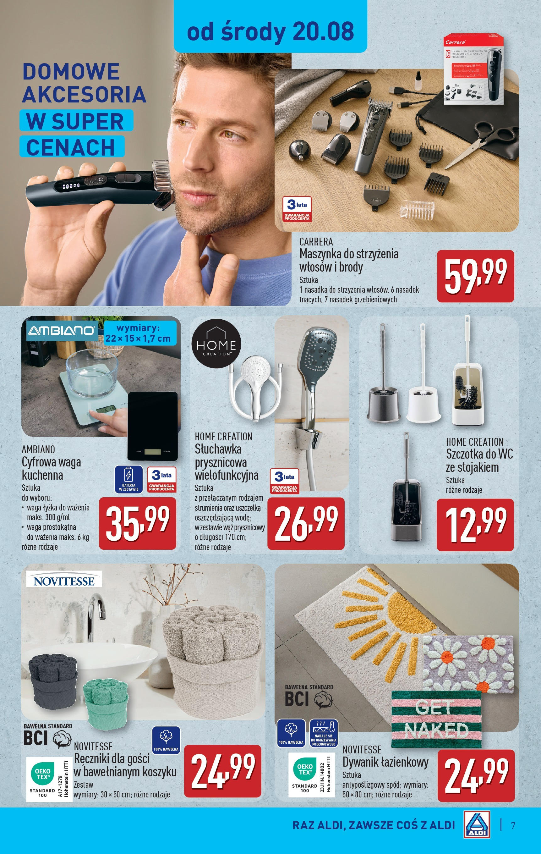 Aldi Gazetka - Hity od Środy i od Soboty od 20.08.2025 - Ulotka PDF, promocje | Strona: 7 | Produkty: Dywanik łazienkowy, Maszynka do strzyżenia, Bateria, Szczotka