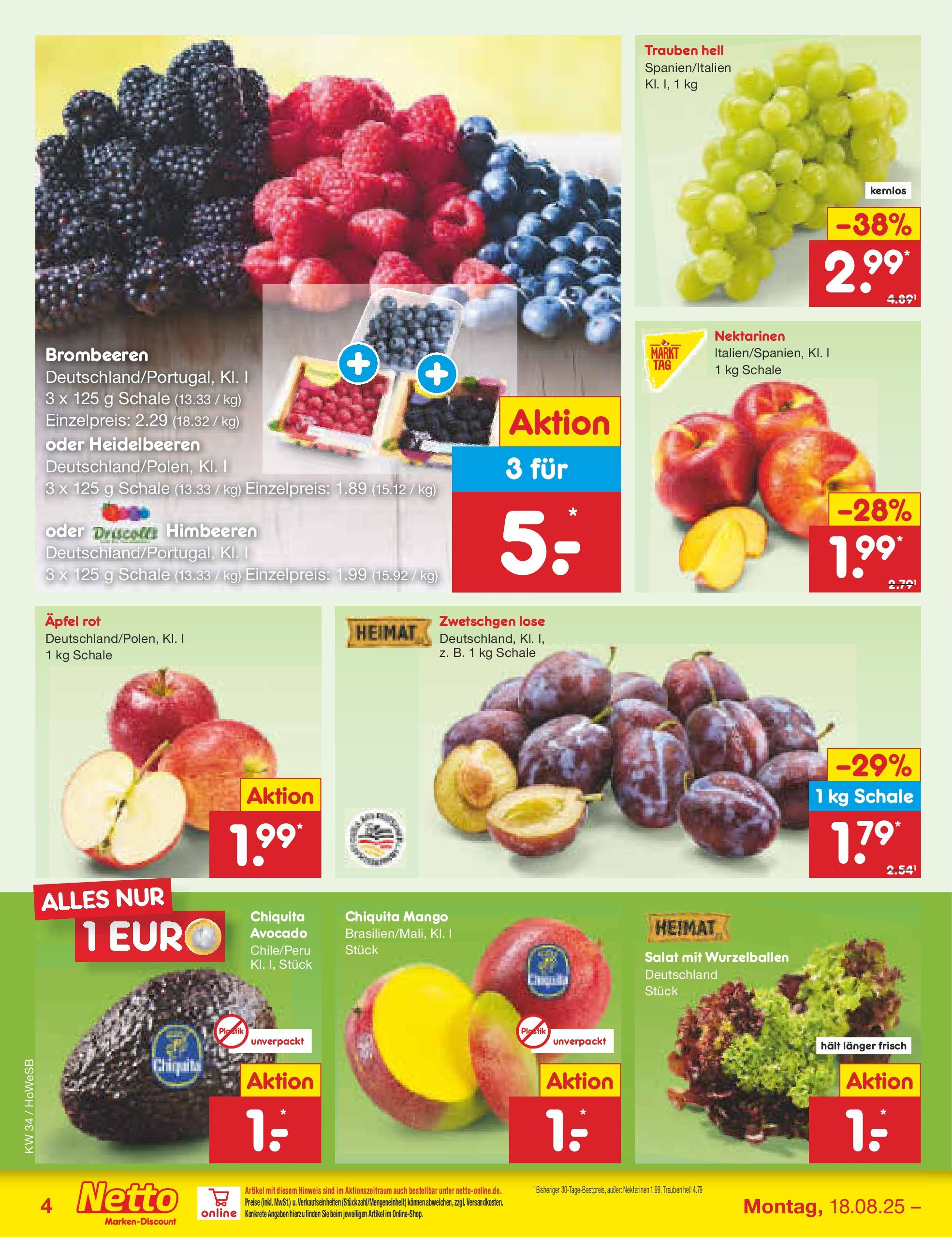 Netto Marken-Discount prospekt Hannover	 (ab 18.08.2025) » Angebote | Seite: 4 | Produkte: Himbeeren, Trauben, Heidelbeeren, Salat