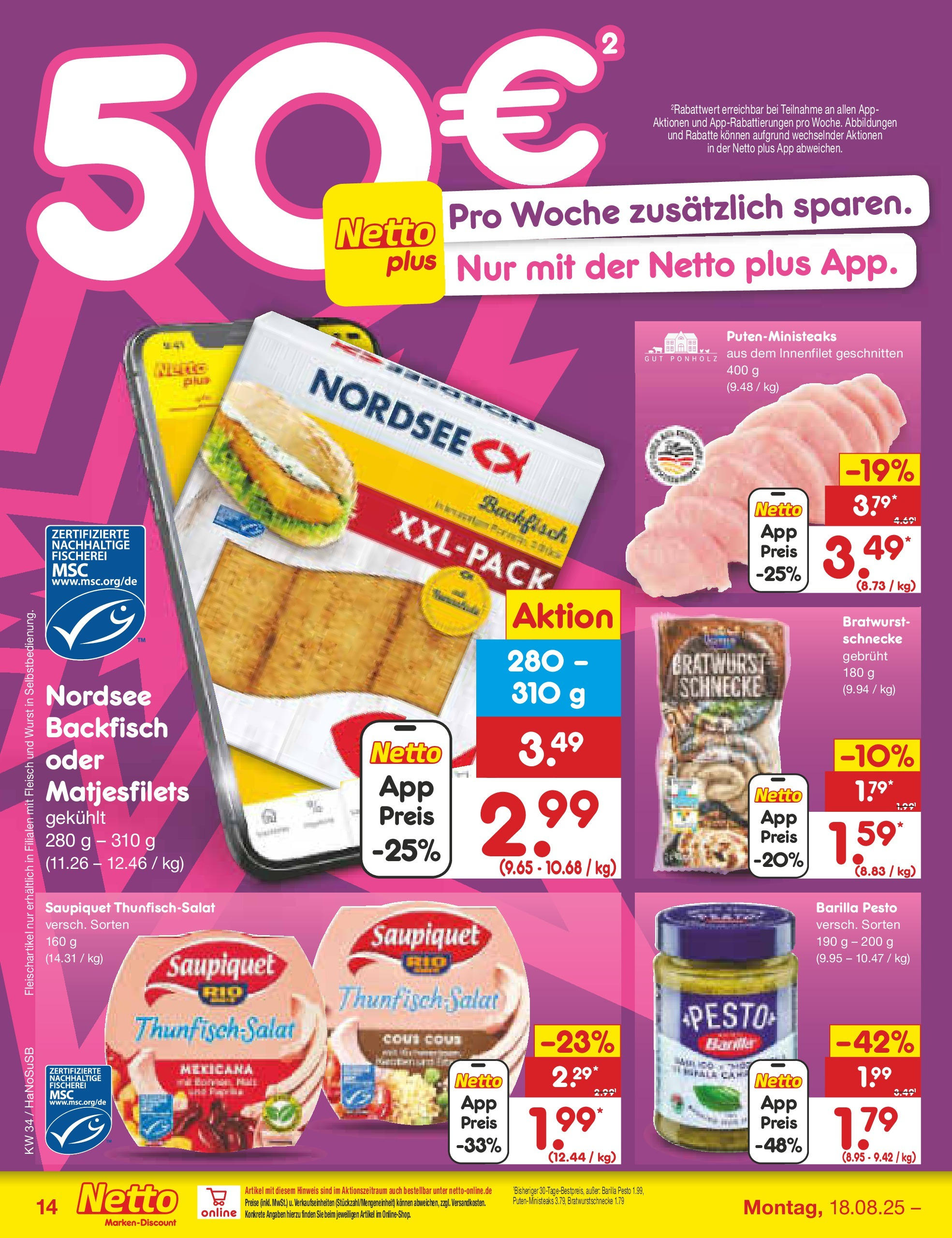 Netto Marken-Discount prospekt Wuppertal	 (ab 18.08.2025) » Angebote | Seite: 16 | Produkte: Thunfisch, Barilla pesto, Wurst, Fleisch