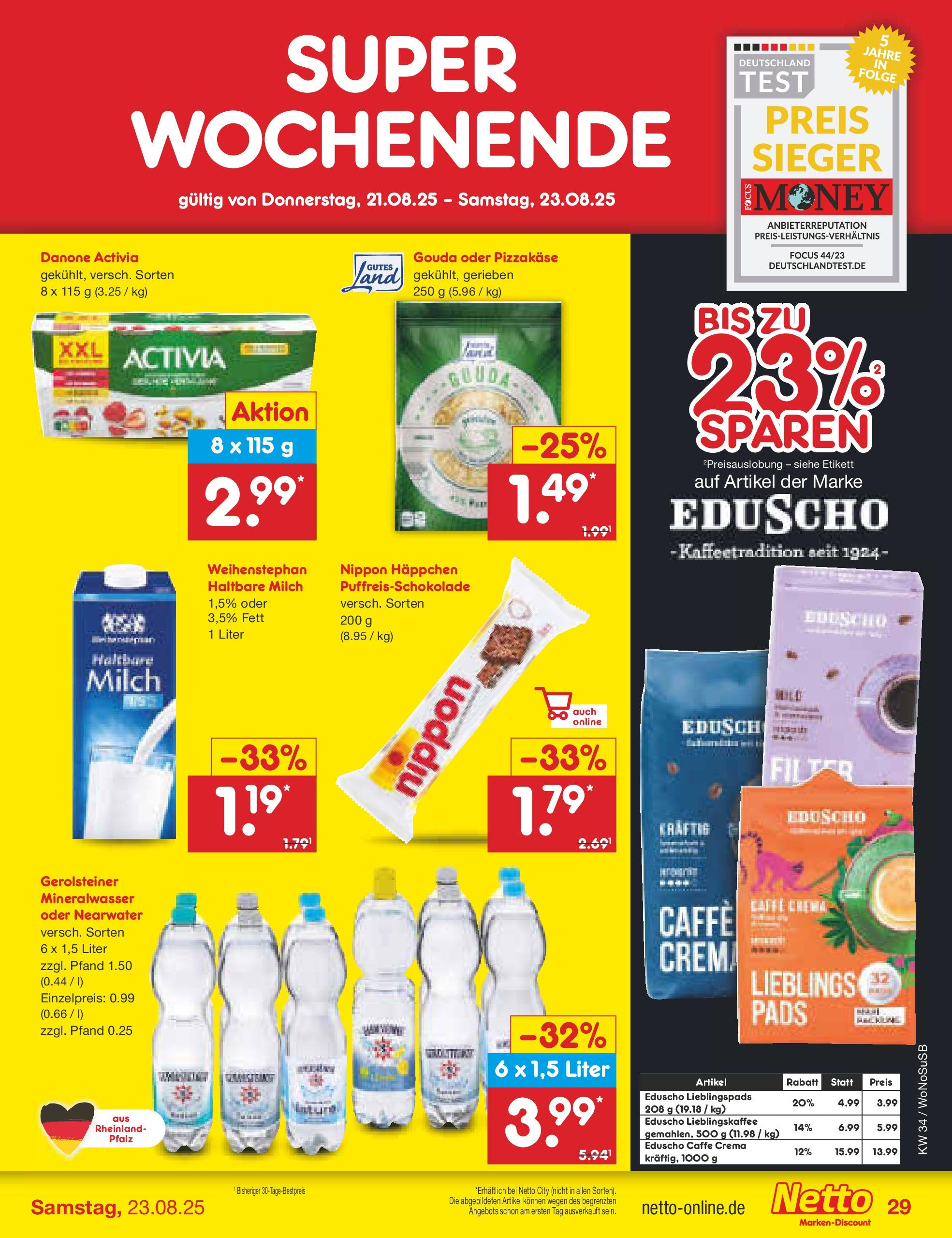Netto Marken-Discount prospekt Frankfurt am Main	 (ab 18.08.2025) » Angebote | Seite: 53 | Produkte: Milch, Haltbare milch, Mineralwasser, Eduscho