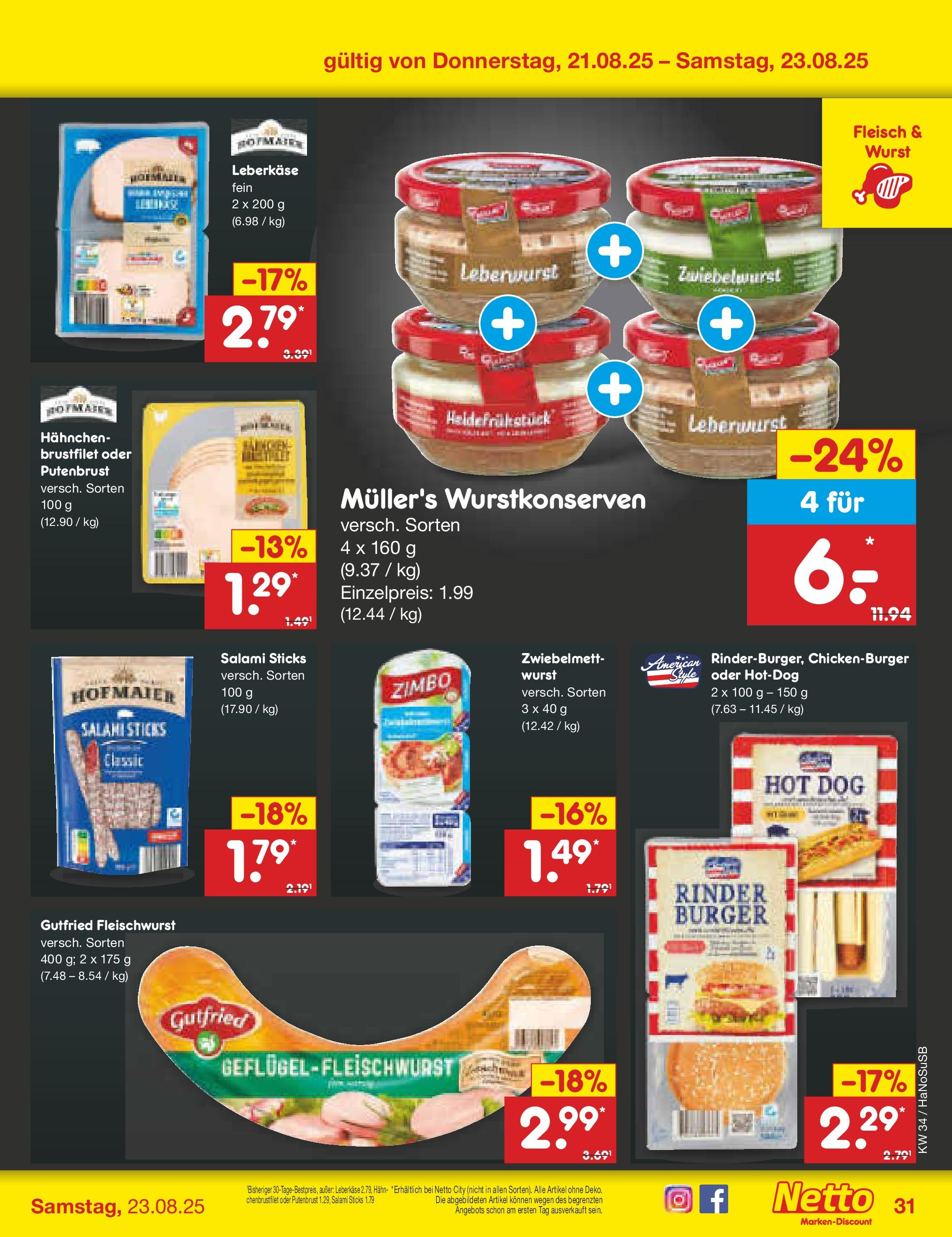 Netto Marken-Discount prospekt Wuppertal	 (ab 18.08.2025) » Angebote | Seite: 55 | Produkte: Burger, Wurst, Fleisch, Leberkase