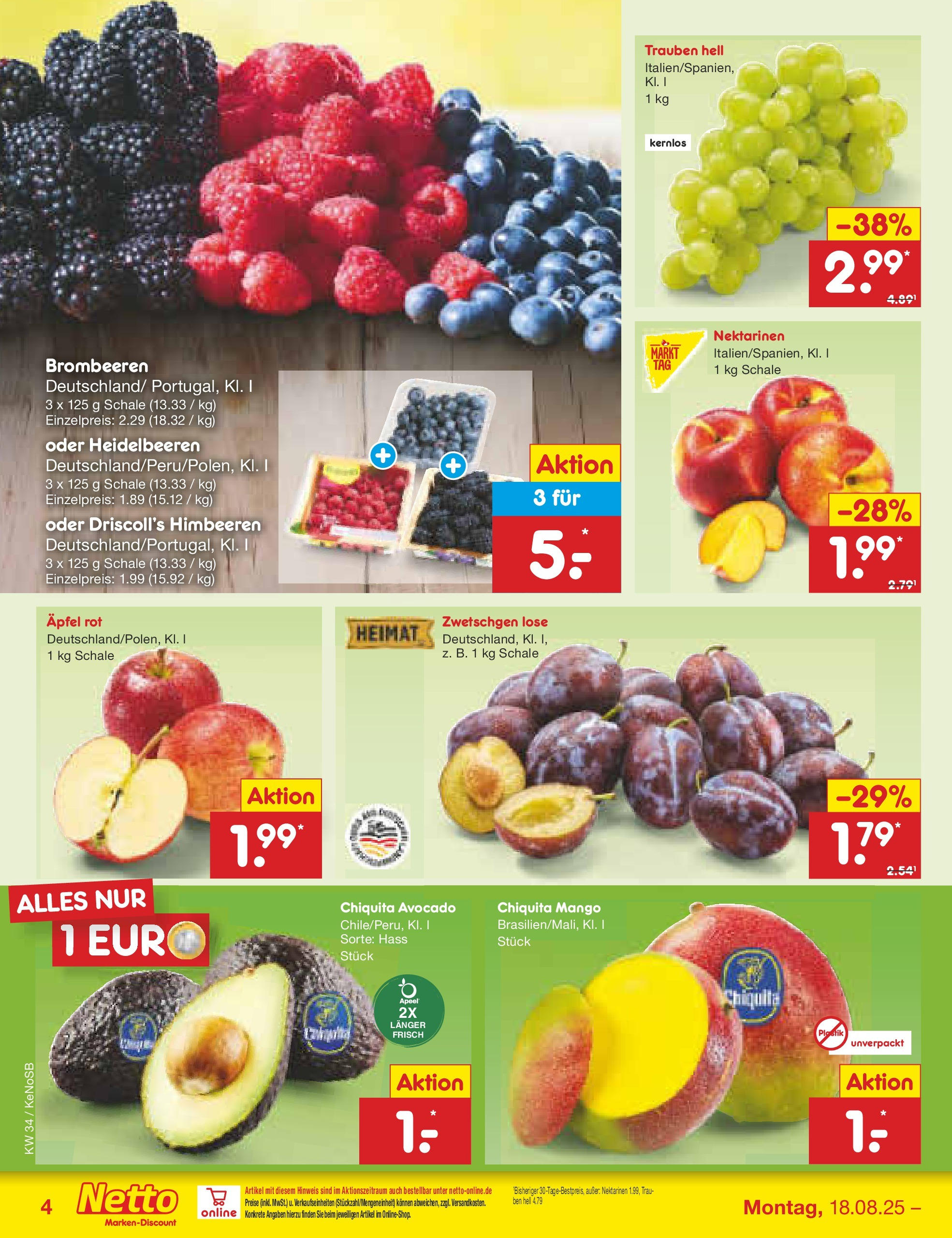 Netto Marken-Discount prospekt Bonn	 (ab 17.08.2025) » Angebote | Seite: 4 | Produkte: Nektarinen, Trauben, Zwetschgen, Avocado