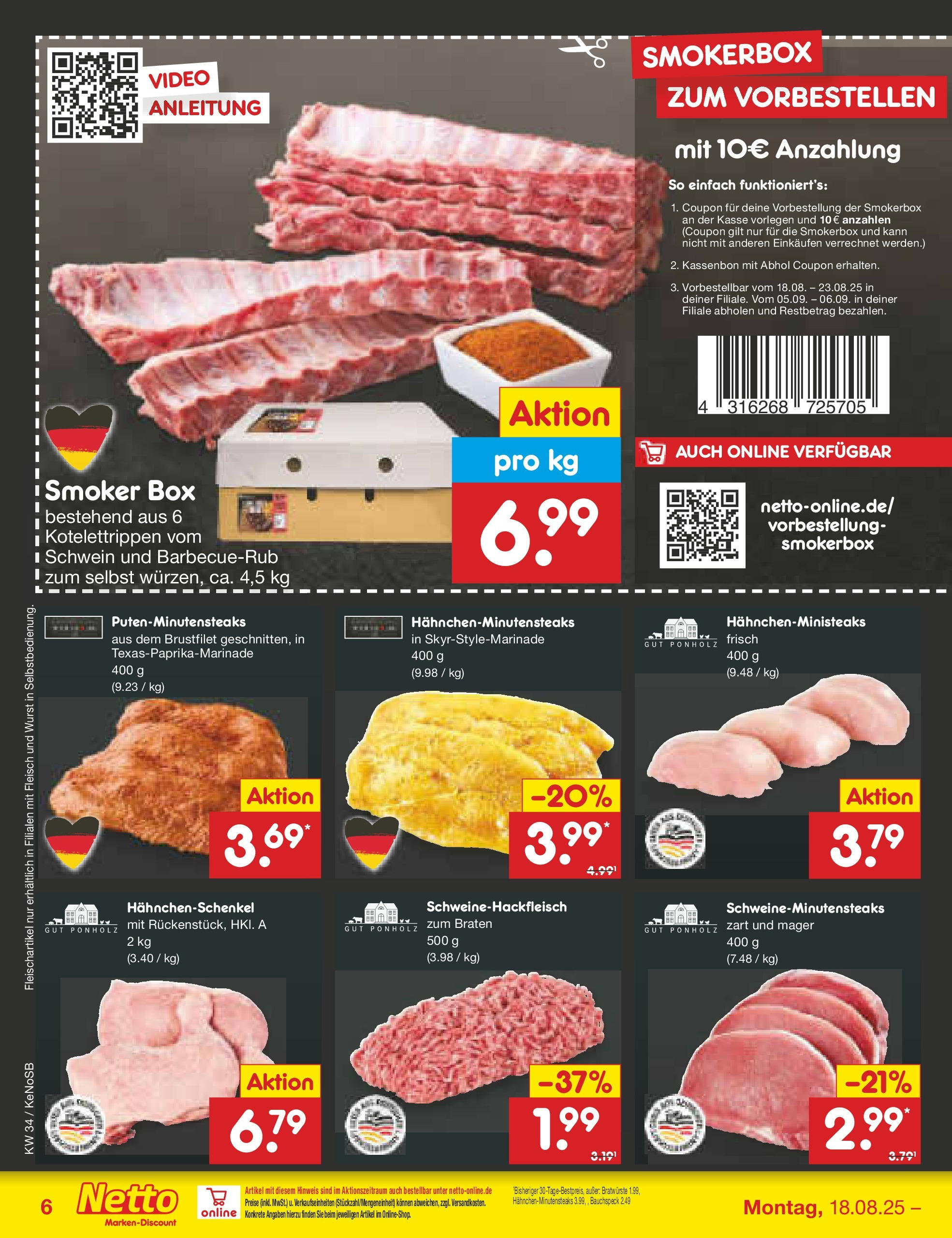 Netto Marken-Discount prospekt Bonn	 (ab 17.08.2025) » Angebote | Seite: 6 | Produkte: Hahnchenschenkel, Box, Wurst, Video