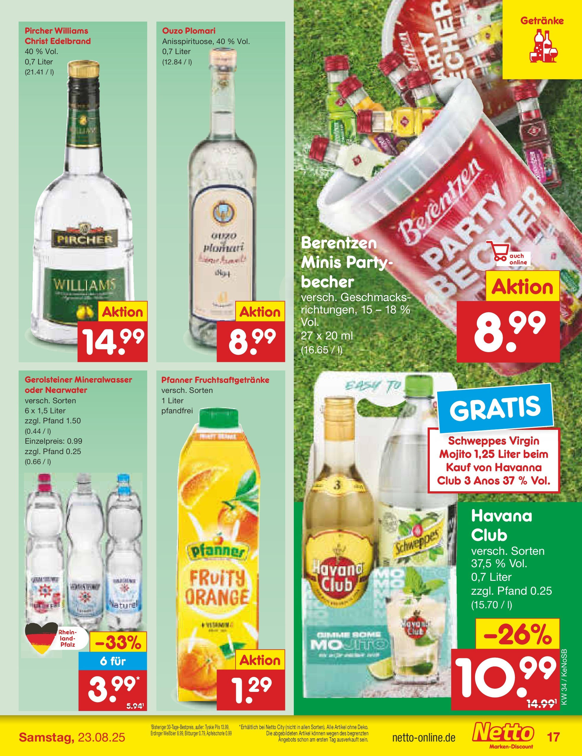 Netto Marken-Discount prospekt Bonn	 (ab 17.08.2025) » Angebote | Seite: 25 | Produkte: Erdinger, Schweppes, Mineralwasser, Ouzo plomari