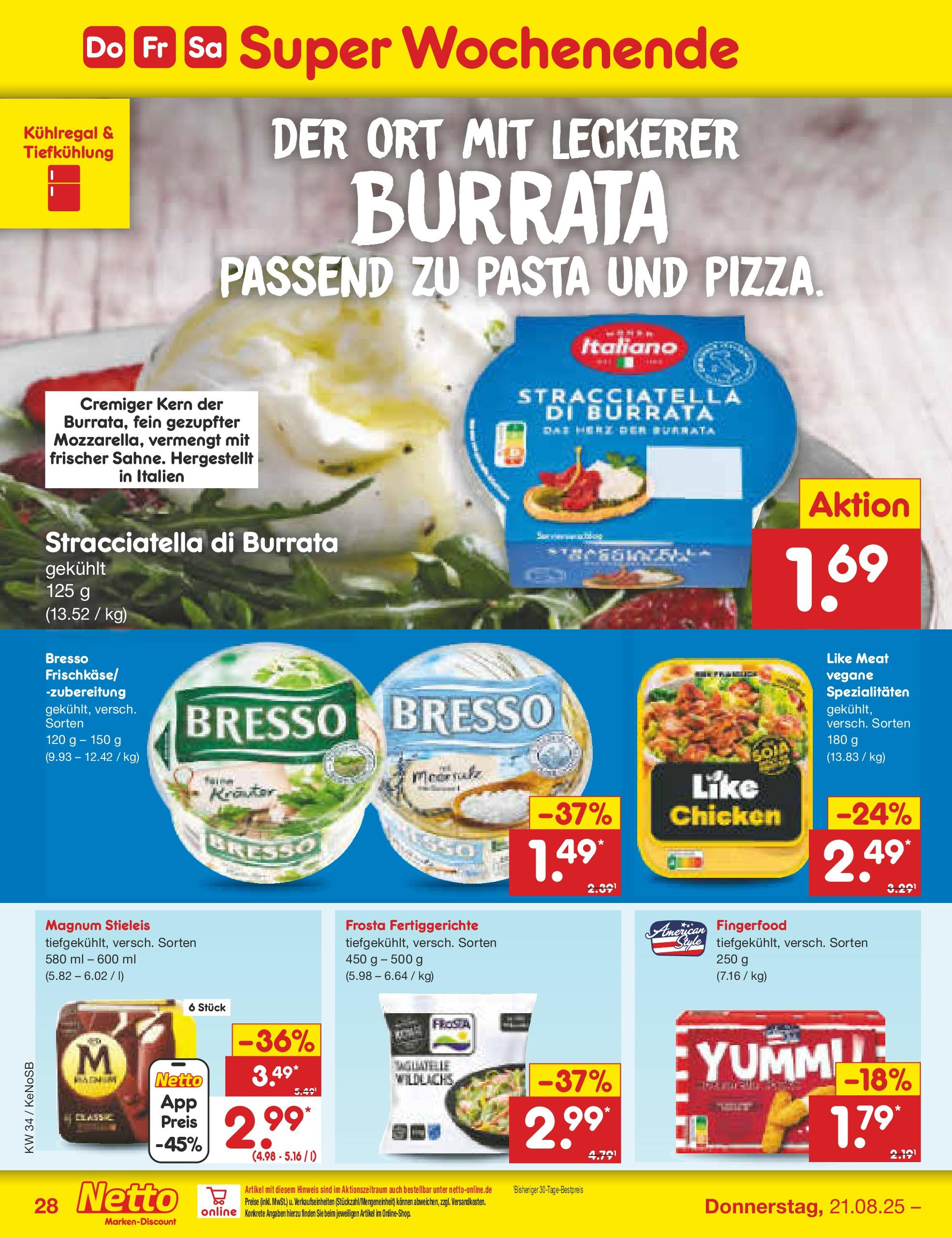 Netto Marken-Discount prospekt Bonn	 (ab 17.08.2025) » Angebote | Seite: 52 | Produkte: Bresso, Frosta, Burrata, Pasta