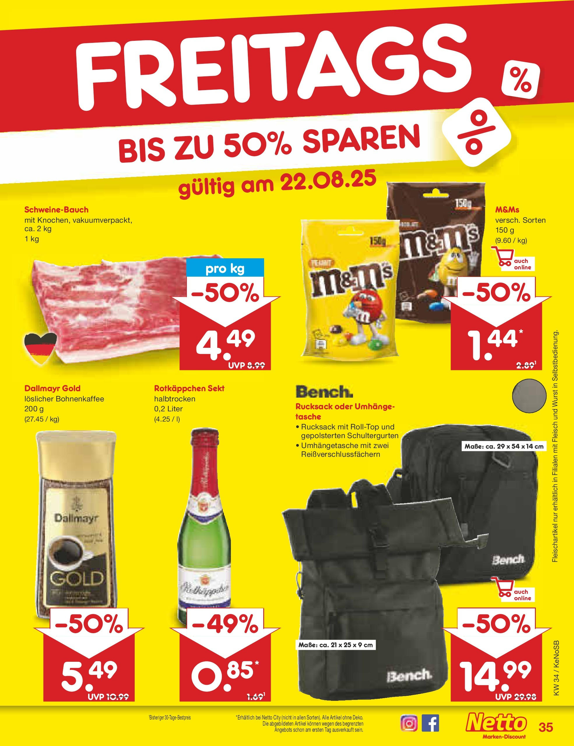 Netto Marken-Discount prospekt Bonn	 (ab 17.08.2025) » Angebote | Seite: 59 | Produkte: Tasche, Schweinebauch, M&M's, Rotkäppchen