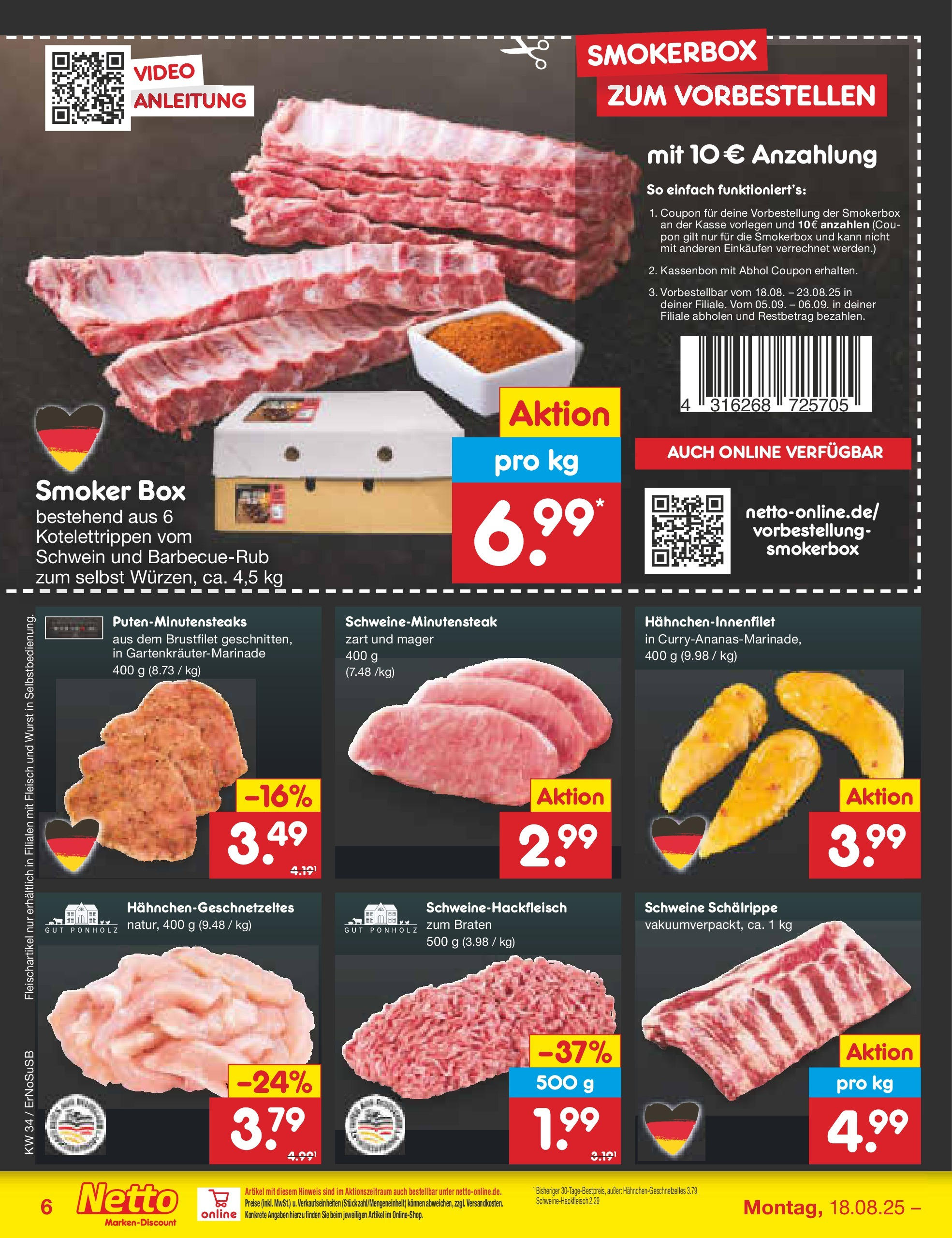 Netto Marken-Discount prospekt Erfurt	 (ab 18.08.2025) » Angebote | Seite: 6 | Produkte: Box, Wurst, Fleisch, Video
