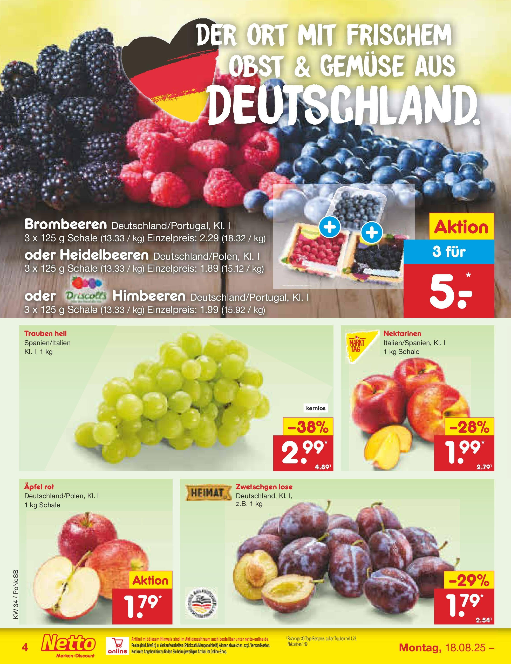 Netto Marken-Discount prospekt Amberg	 (ab 18.08.2025) » Angebote | Seite: 4 | Produkte: Trauben, Zwetschgen, Heidelbeeren, Gemüse