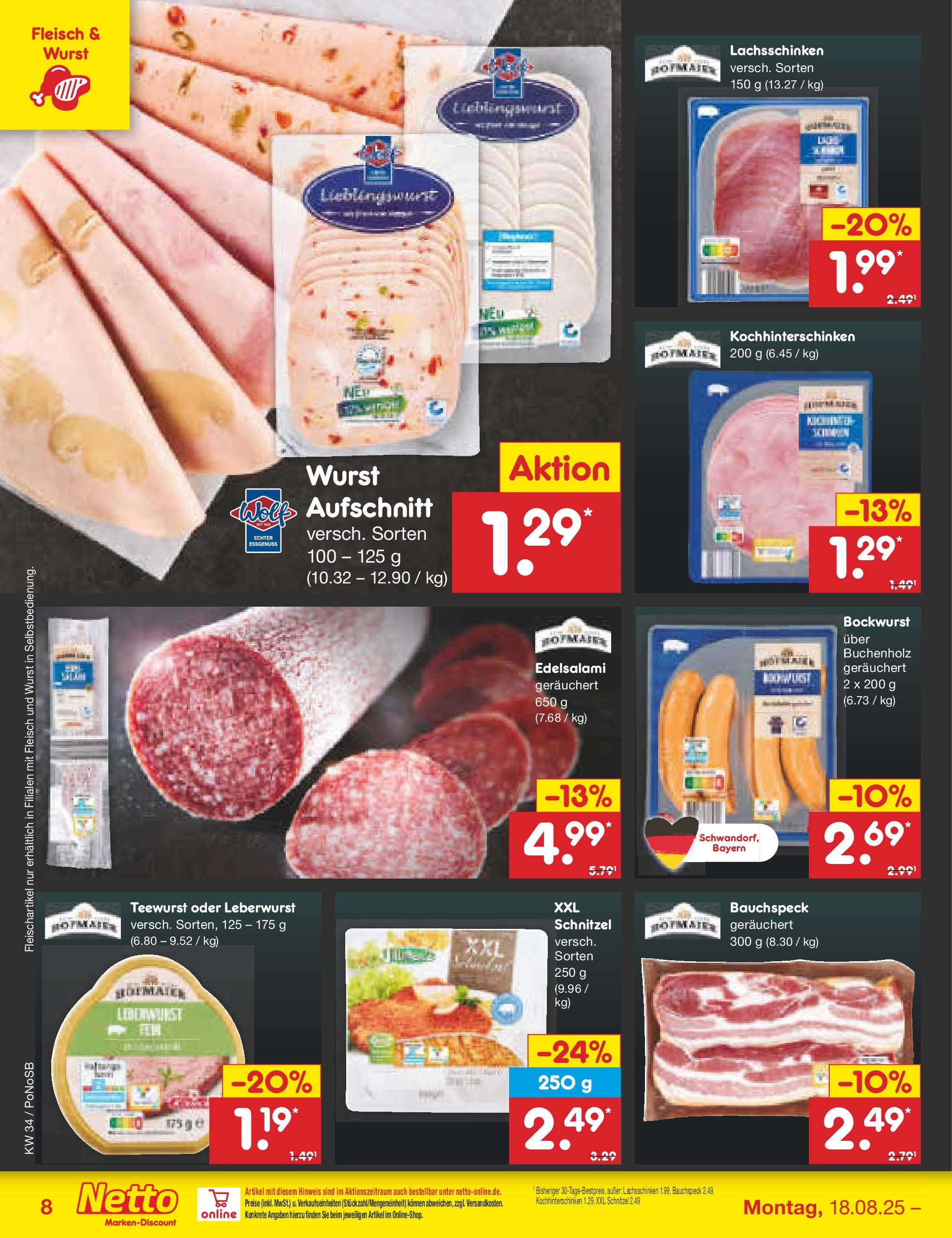 Netto Marken-Discount prospekt Amberg	 (ab 18.08.2025) » Angebote | Seite: 8 | Produkte: Bockwurst, Schnitzel, Wurst, Fleisch