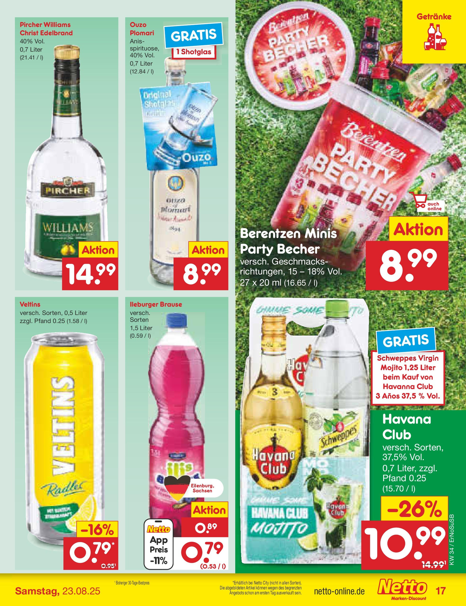 Netto Marken-Discount prospekt Erfurt	 (ab 18.08.2025) » Angebote | Seite: 21 | Produkte: Havana club, Schweppes, Radler, Berentzen