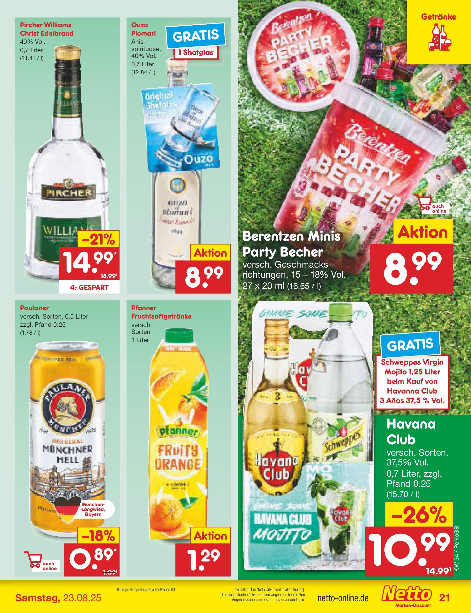 Netto Marken-Discount prospekt Amberg	 (ab 18.08.2025) » Angebote | Seite: 27 | Produkte: Ouzo, Schweppes, Paulaner, Berentzen