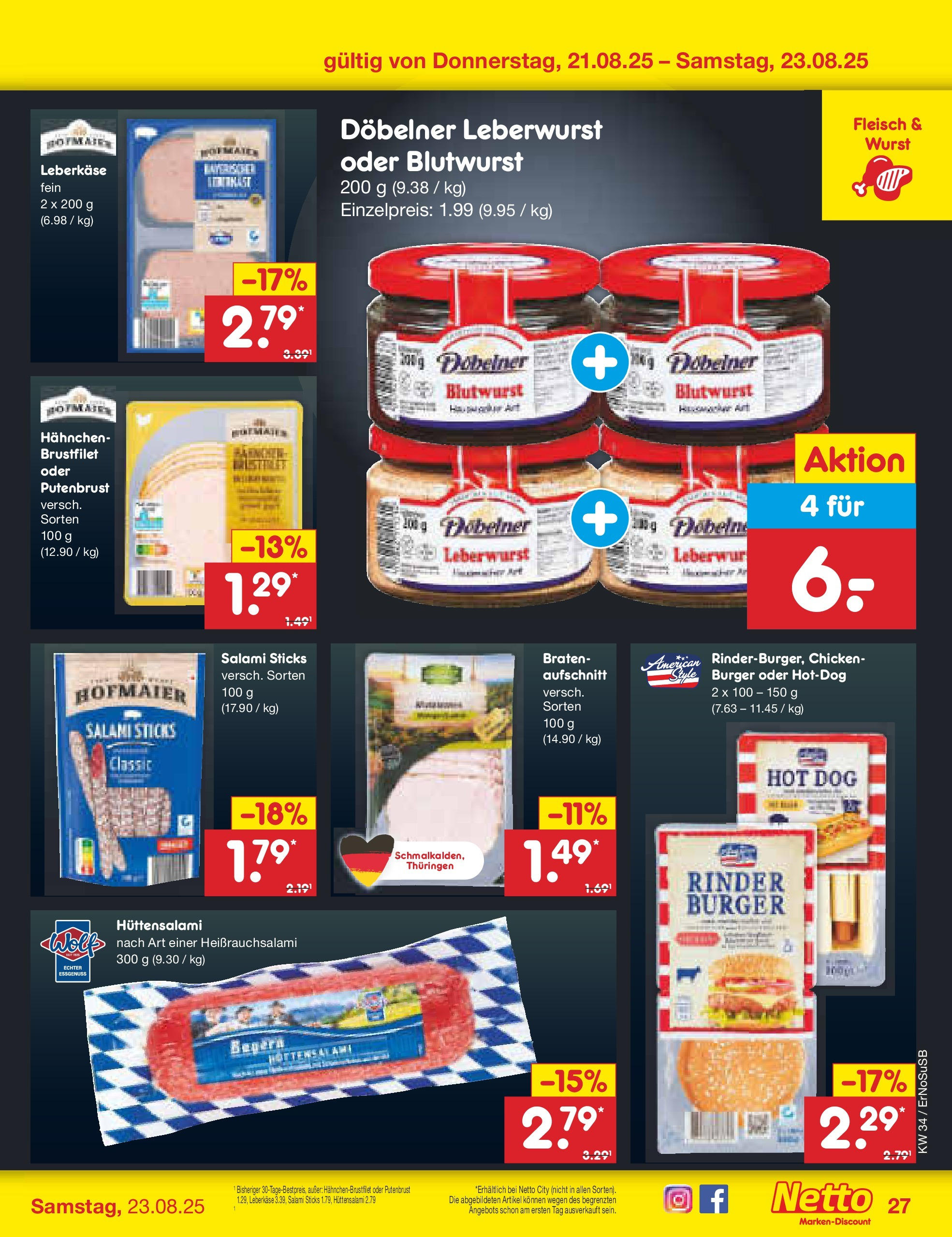 Netto Marken-Discount prospekt Erfurt	 (ab 18.08.2025) » Angebote | Seite: 51 | Produkte: Burger, Wurst, Salami, Leberkase