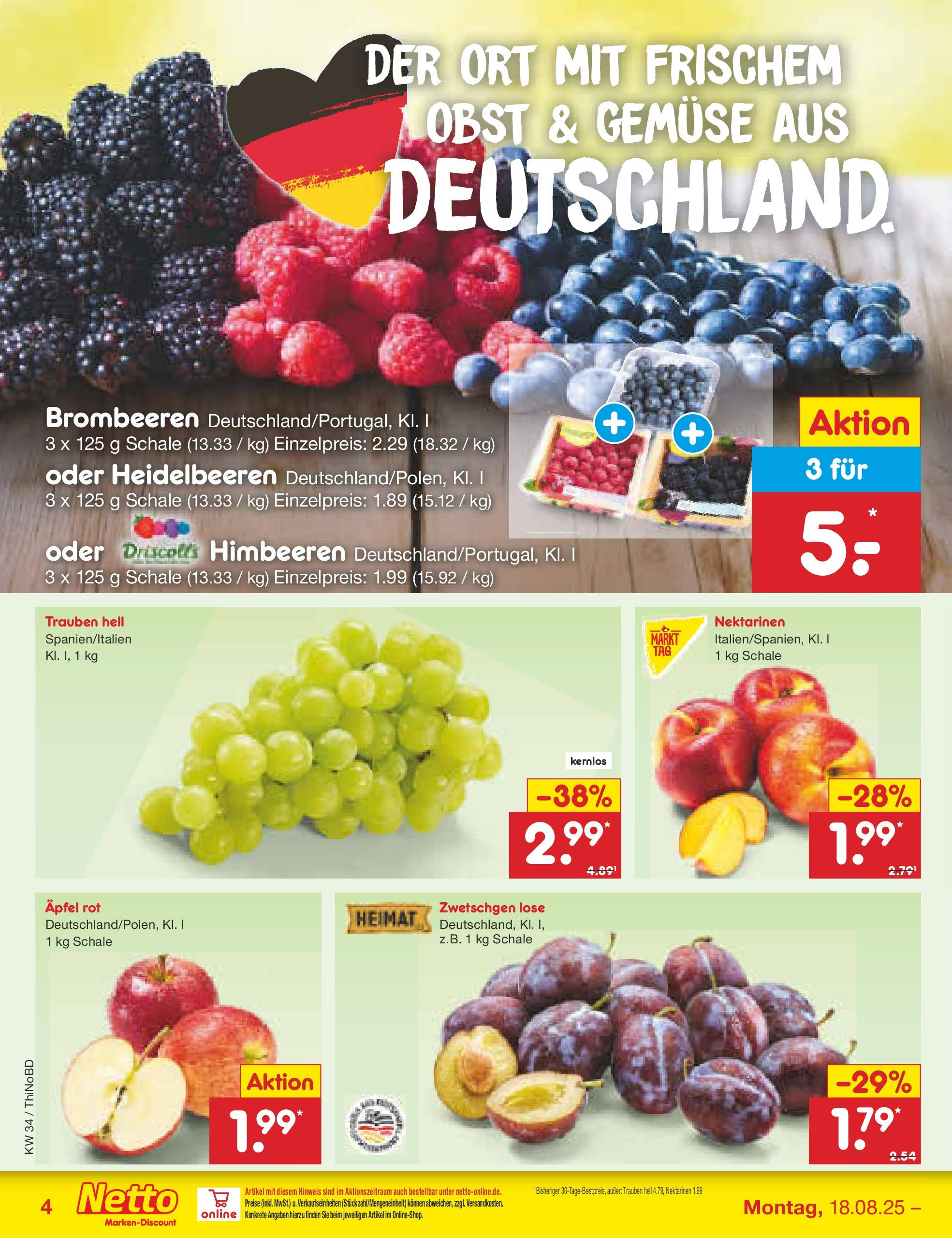 Netto Marken-Discount prospekt Herzberg (ab 18.08.2025) » Angebote | Seite: 4 | Produkte: Trauben, Äpfel, Zwetschgen, Gemüse Netto Marken-Discount prospekt Herzberg (ab 18.08.2025) » Angebote | Seite: 4 | Produkte: Trauben, Äpfel, Zwetschgen, Gemüse