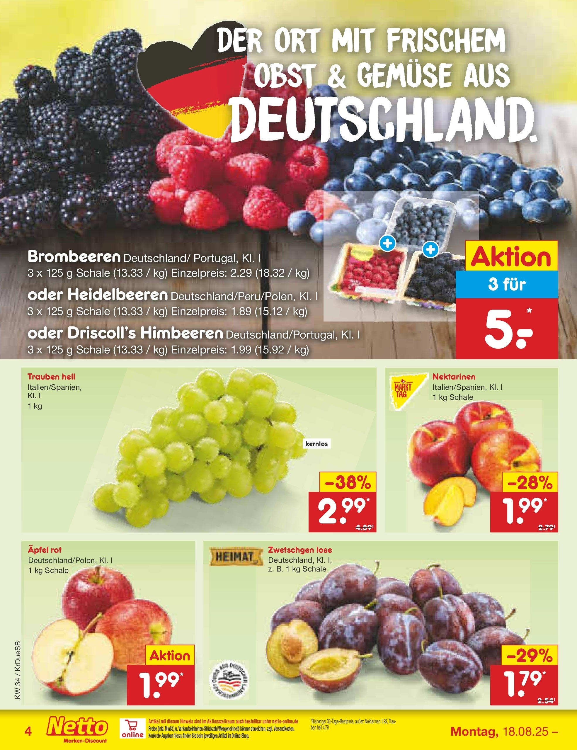 Netto Marken-Discount prospekt Düsseldorf-Rath	 (ab 18.08.2025) » Angebote | Seite: 4 | Produkte: Trauben, Äpfel, Gemüse, Obst