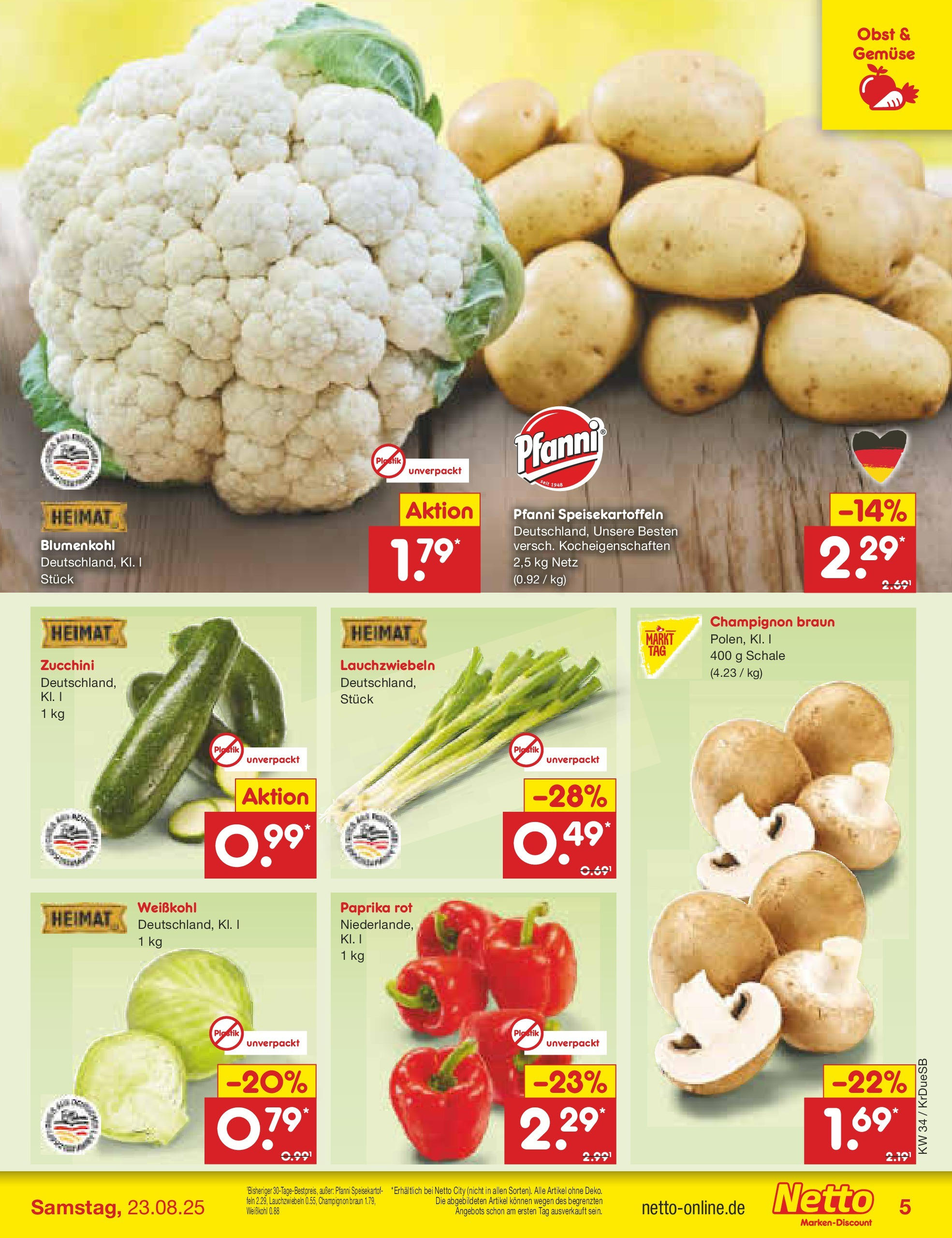 Netto Marken-Discount prospekt Düsseldorf-Rath	 (ab 18.08.2025) » Angebote | Seite: 5 | Produkte: Paprika rot, Gemüse, Obst, Zucchini
