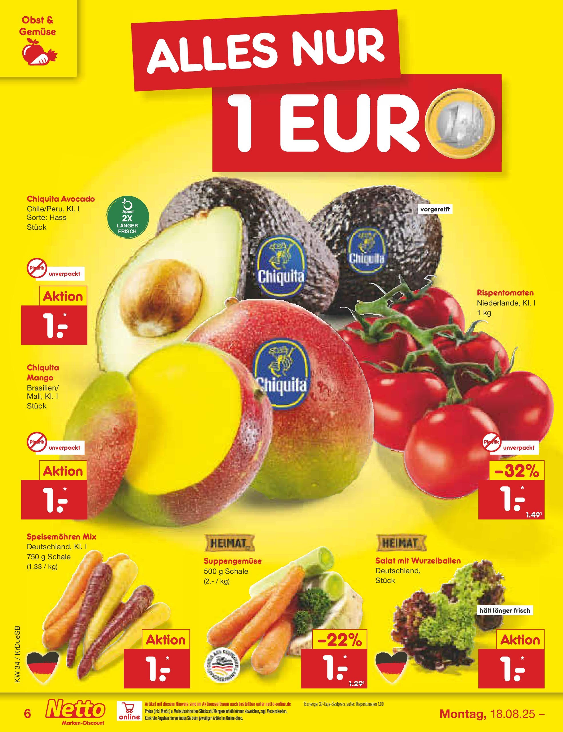 Netto Marken-Discount prospekt Düsseldorf-Rath	 (ab 18.08.2025) » Angebote | Seite: 6 | Produkte: Avocado, Gemüse, Obst, Mango