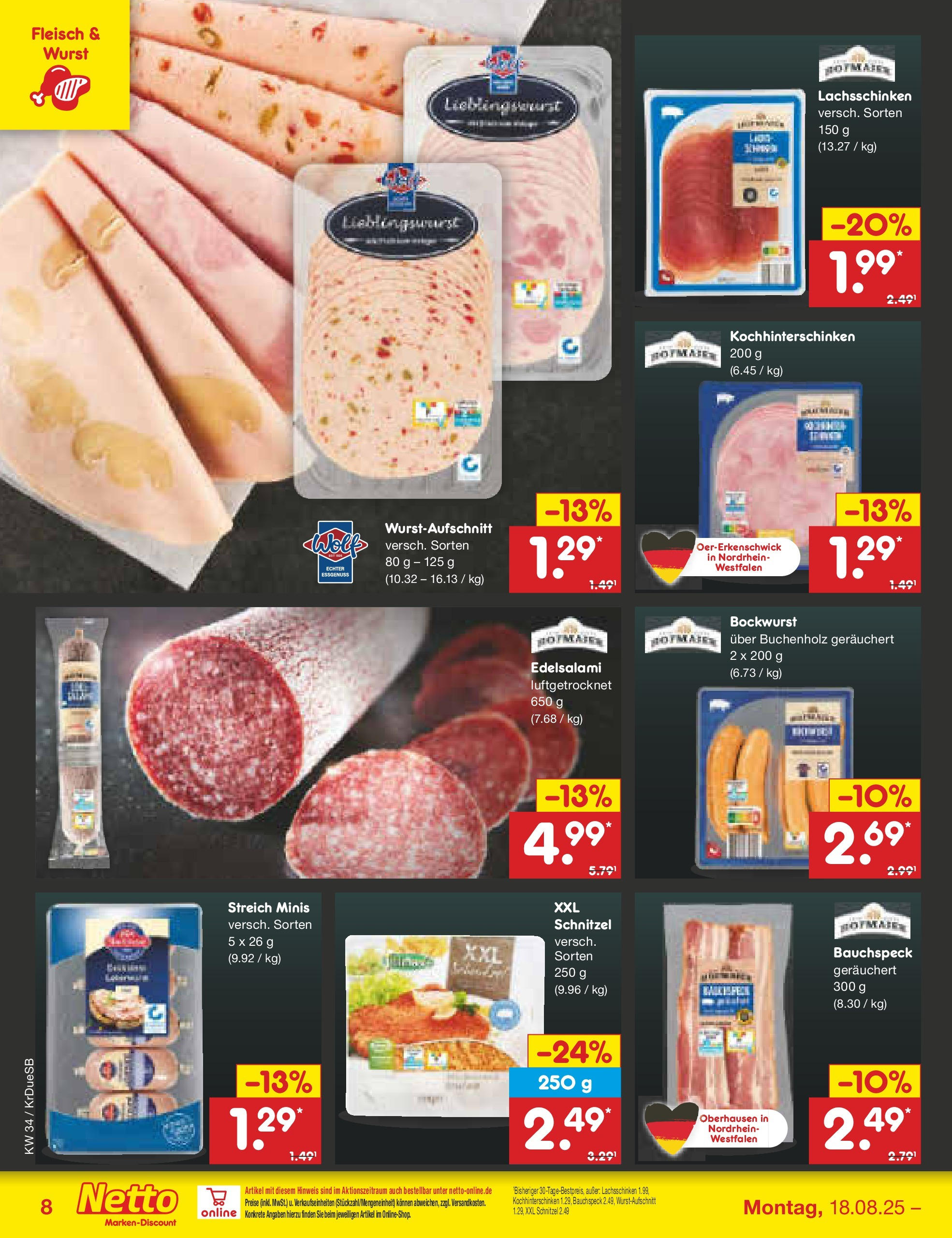 Netto Marken-Discount prospekt Düsseldorf-Rath	 (ab 18.08.2025) » Angebote | Seite: 8 | Produkte: Bockwurst, Schnitzel, Wurst, Fleisch