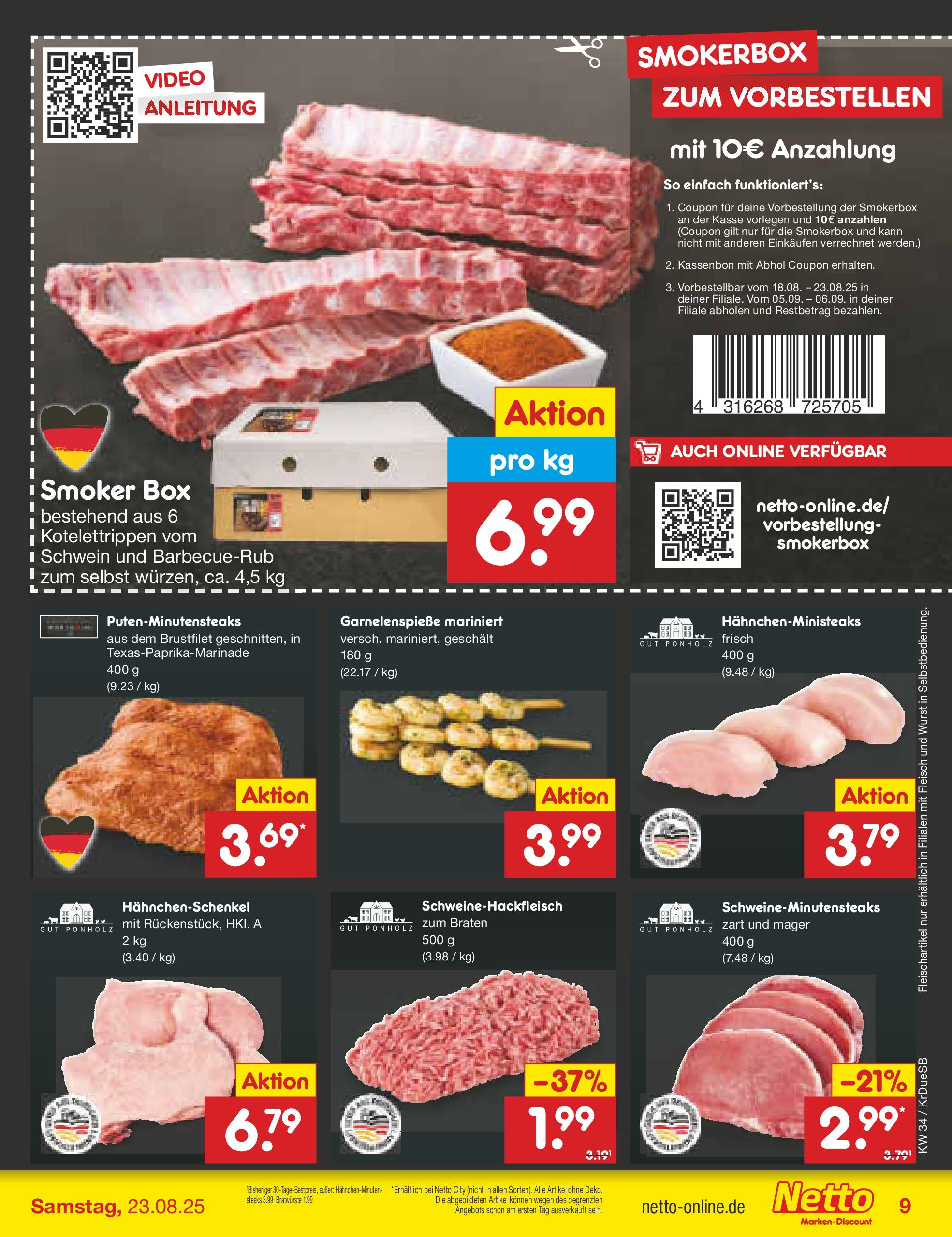 Netto Marken-Discount prospekt Düsseldorf-Rath	 (ab 18.08.2025) » Angebote | Seite: 9 | Produkte: Hahnchenschenkel, Wurst, Fleisch, Video