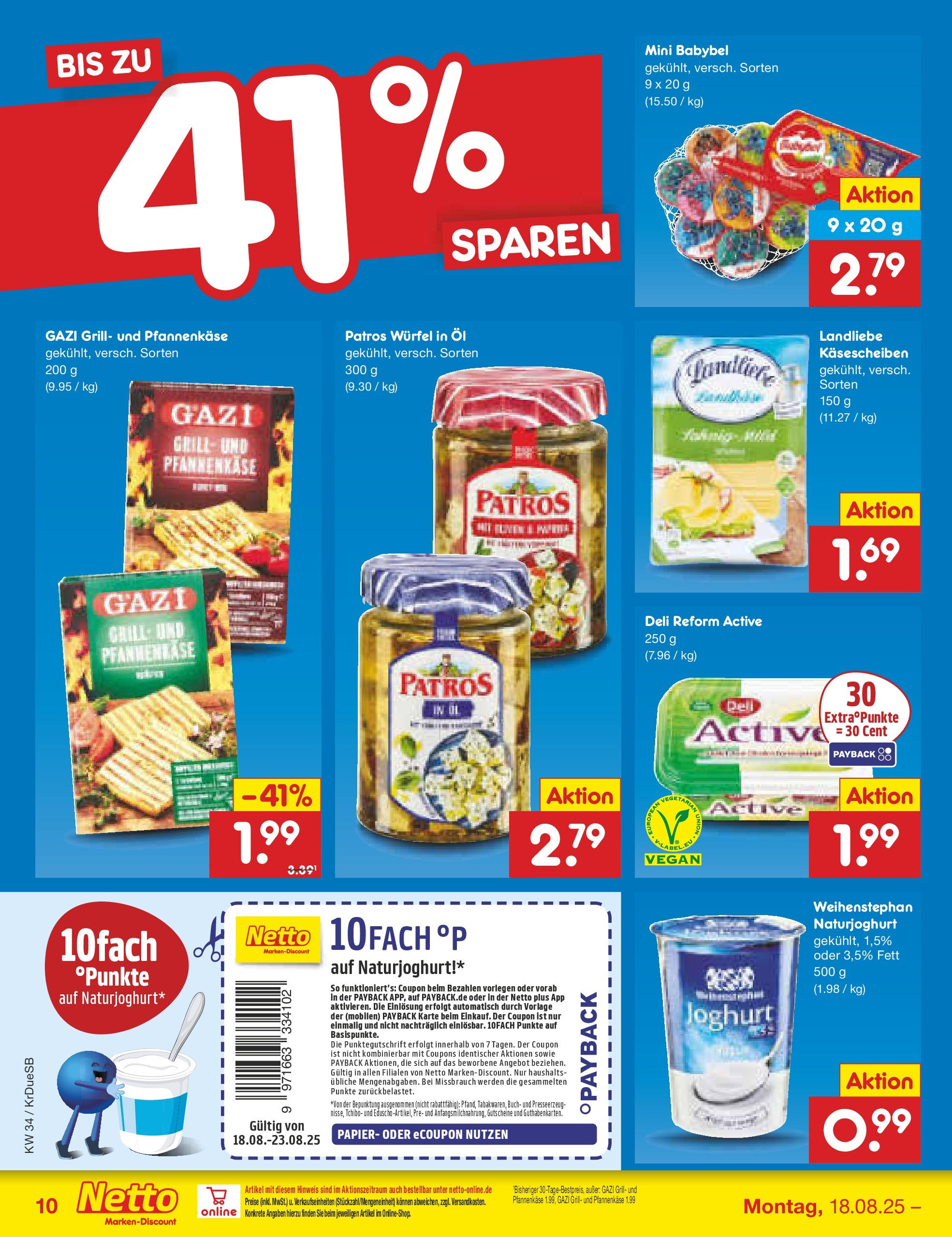 Netto Marken-Discount prospekt Düsseldorf-Rath	 (ab 18.08.2025) » Angebote | Seite: 10 | Produkte: Grill, Joghurt, Patros, Babybel