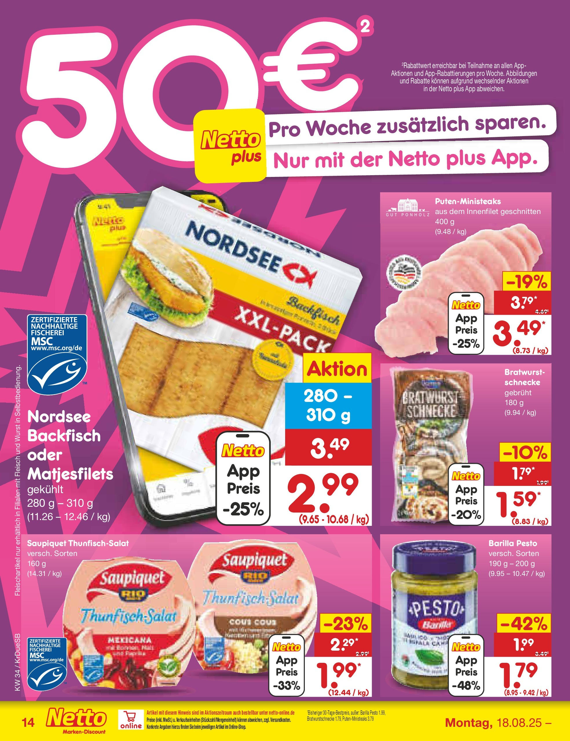 Netto Marken-Discount prospekt Düsseldorf-Rath	 (ab 18.08.2025) » Angebote | Seite: 16 | Produkte: Barilla, Thunfisch, Barilla pesto, Bratwurst