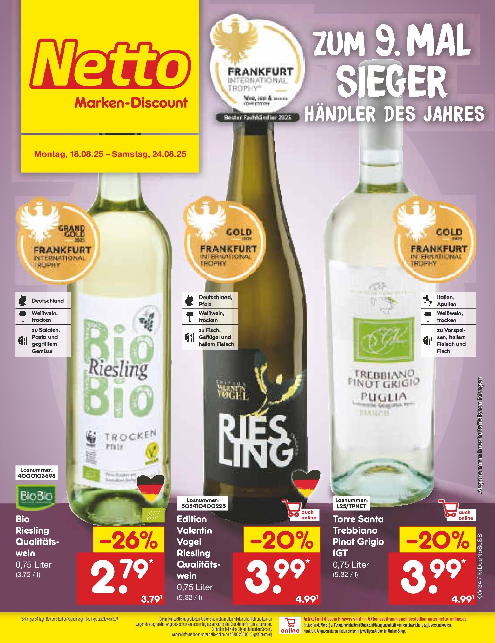 Netto Marken-Discount prospekt Düsseldorf-Rath	 (ab 18.08.2025) » Angebote | Seite: 32 | Produkte: Fisch, Gemüse, Pasta, Wein