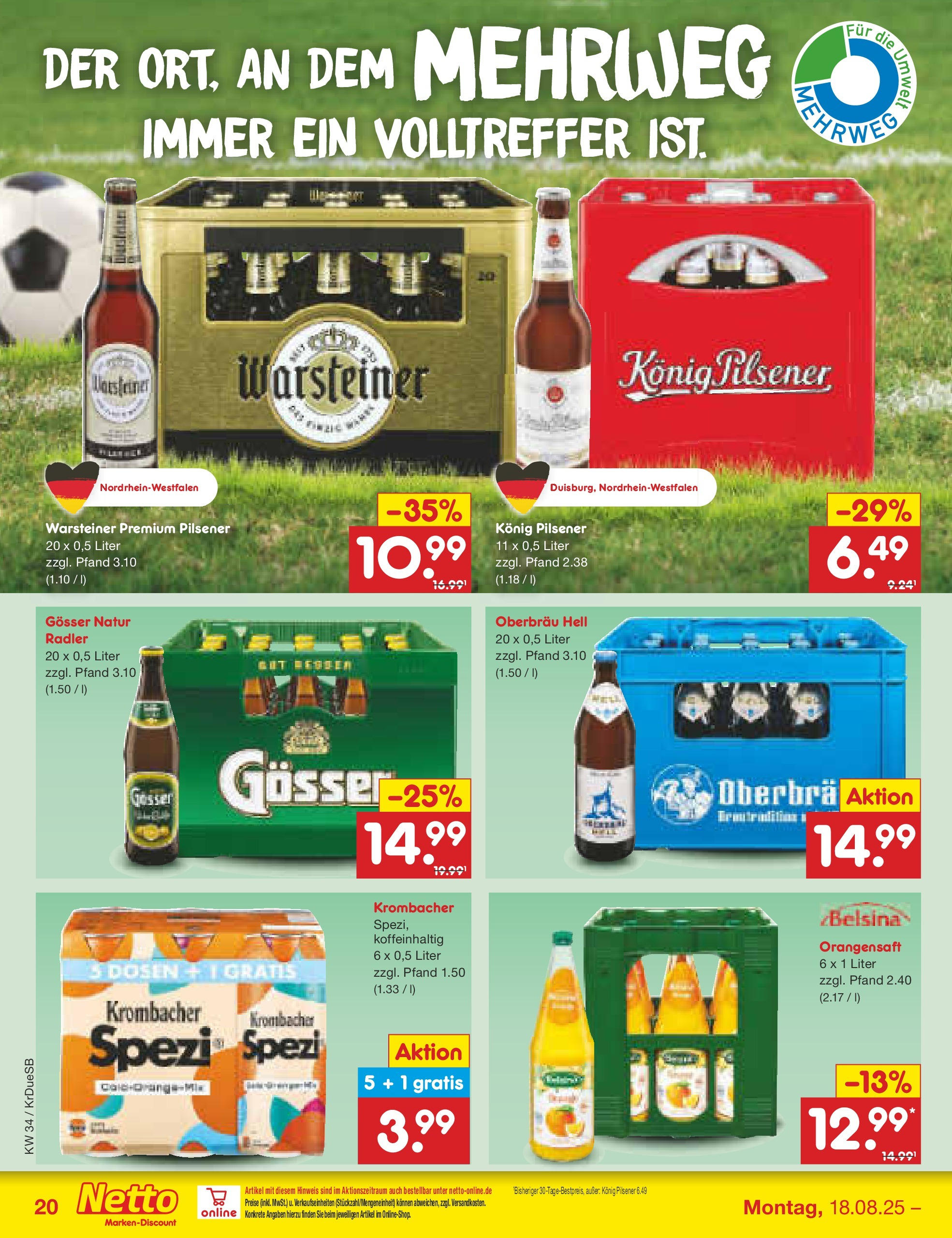 Netto Marken-Discount prospekt Düsseldorf-Rath	 (ab 18.08.2025) » Angebote | Seite: 28 | Produkte: Konig pilsener, Radler, Warsteiner, Krombacher