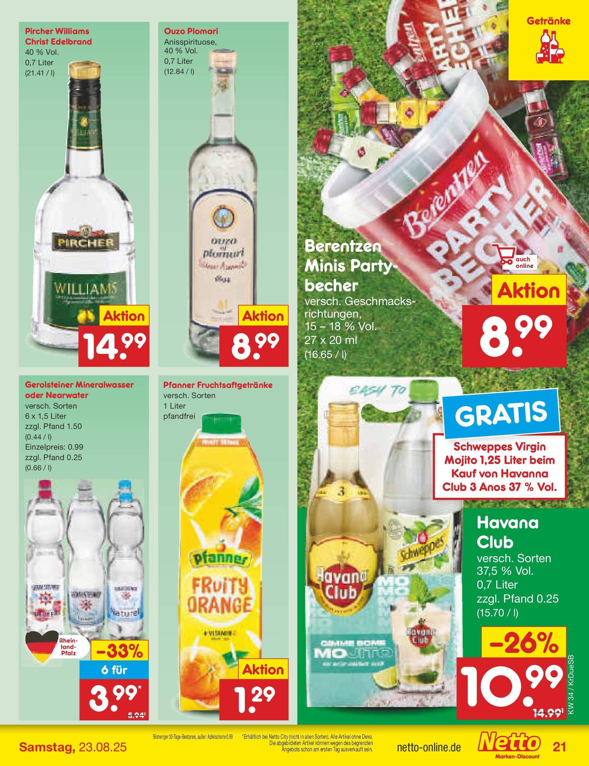 Netto Marken-Discount prospekt Düsseldorf-Rath	 (ab 18.08.2025) » Angebote | Seite: 29 | Produkte: Havana club, Mineralwasser, Berentzen, Gerolsteiner