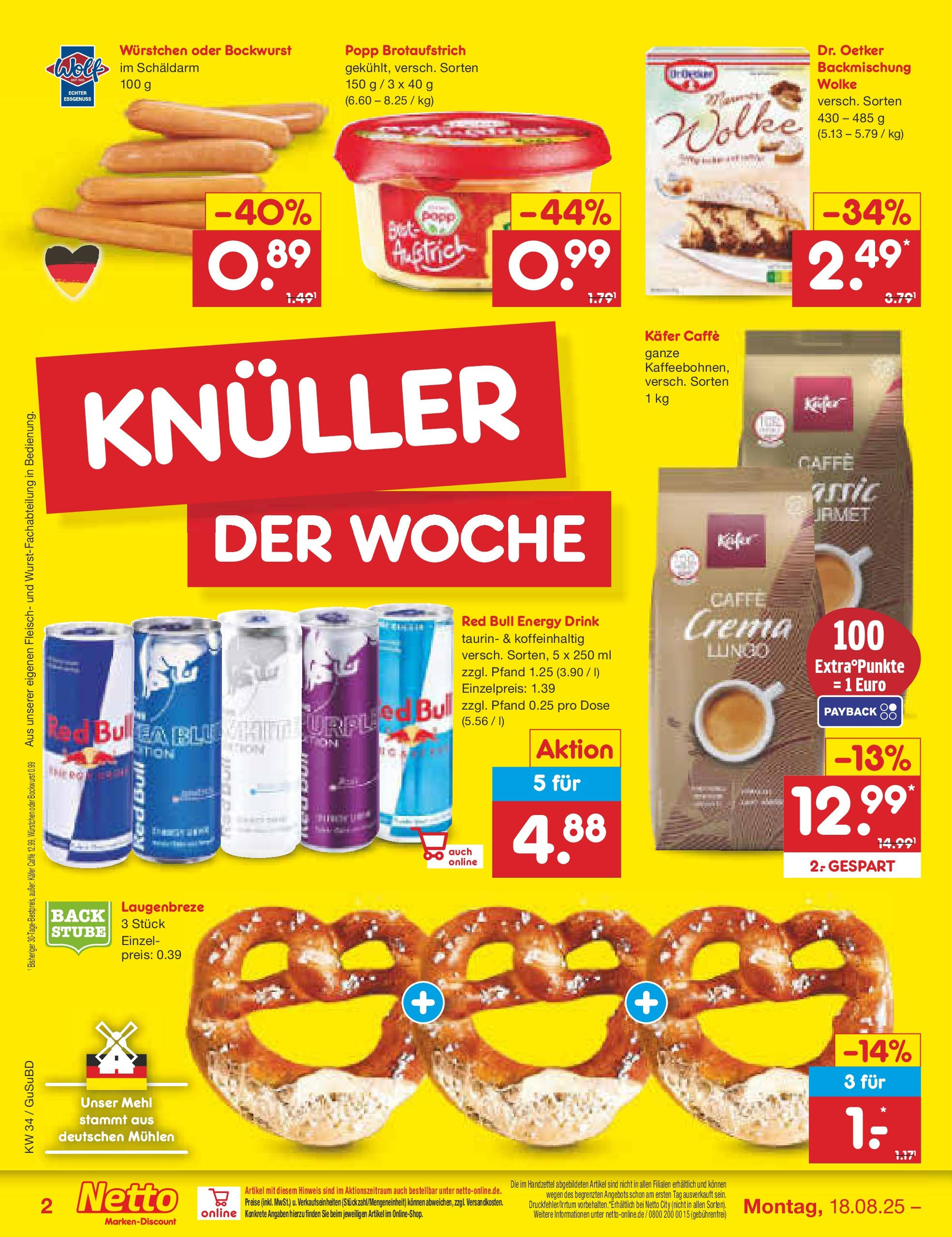 Netto Marken-Discount prospekt Glauchau	 (ab 18.08.2025) » Angebote | Seite: 2 | Produkte: Bockwurst, Red bull, Mehl, Fleisch