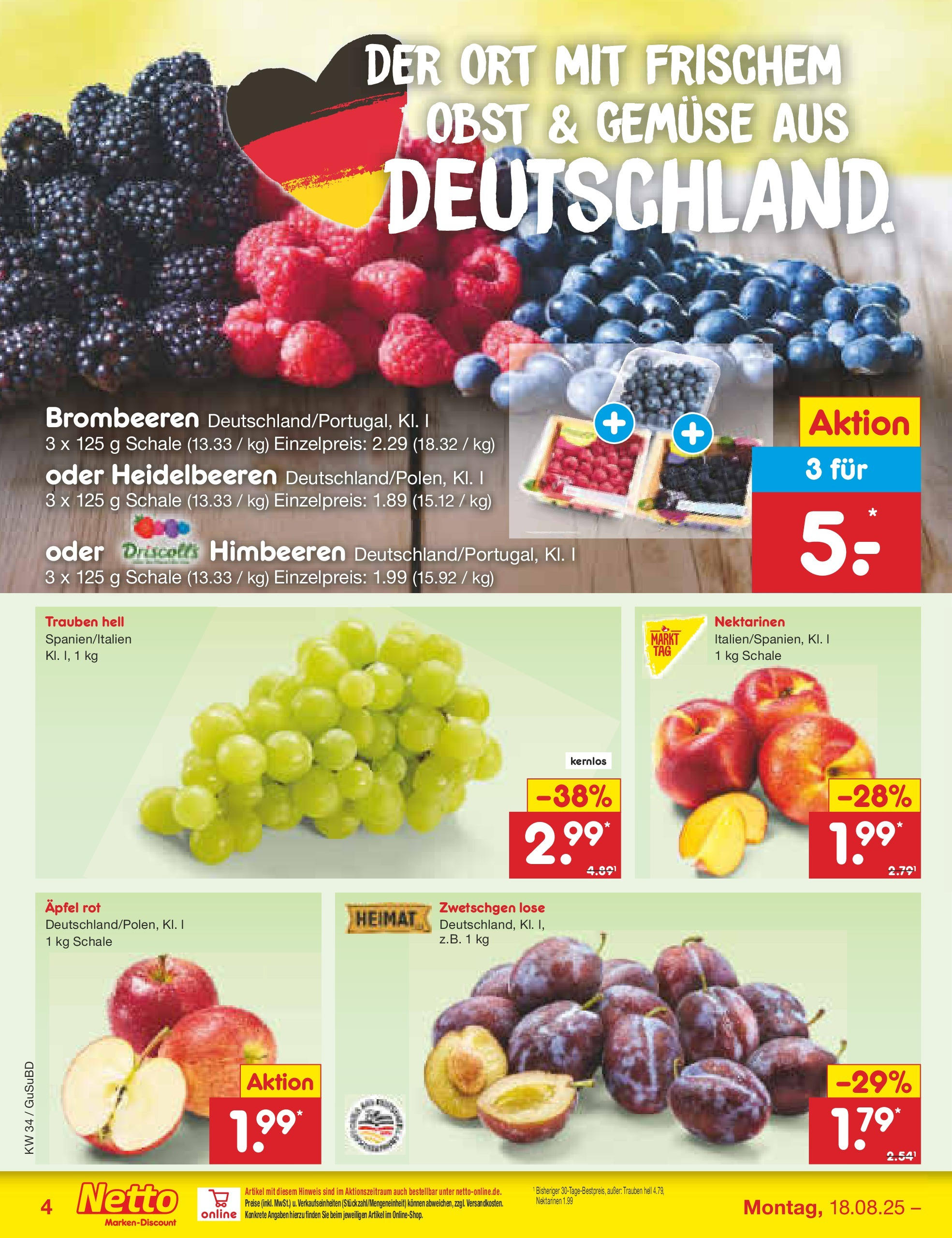 Netto Marken-Discount prospekt Glauchau	 (ab 18.08.2025) » Angebote | Seite: 4 | Produkte: Trauben, Äpfel, Zwetschgen, Gemüse