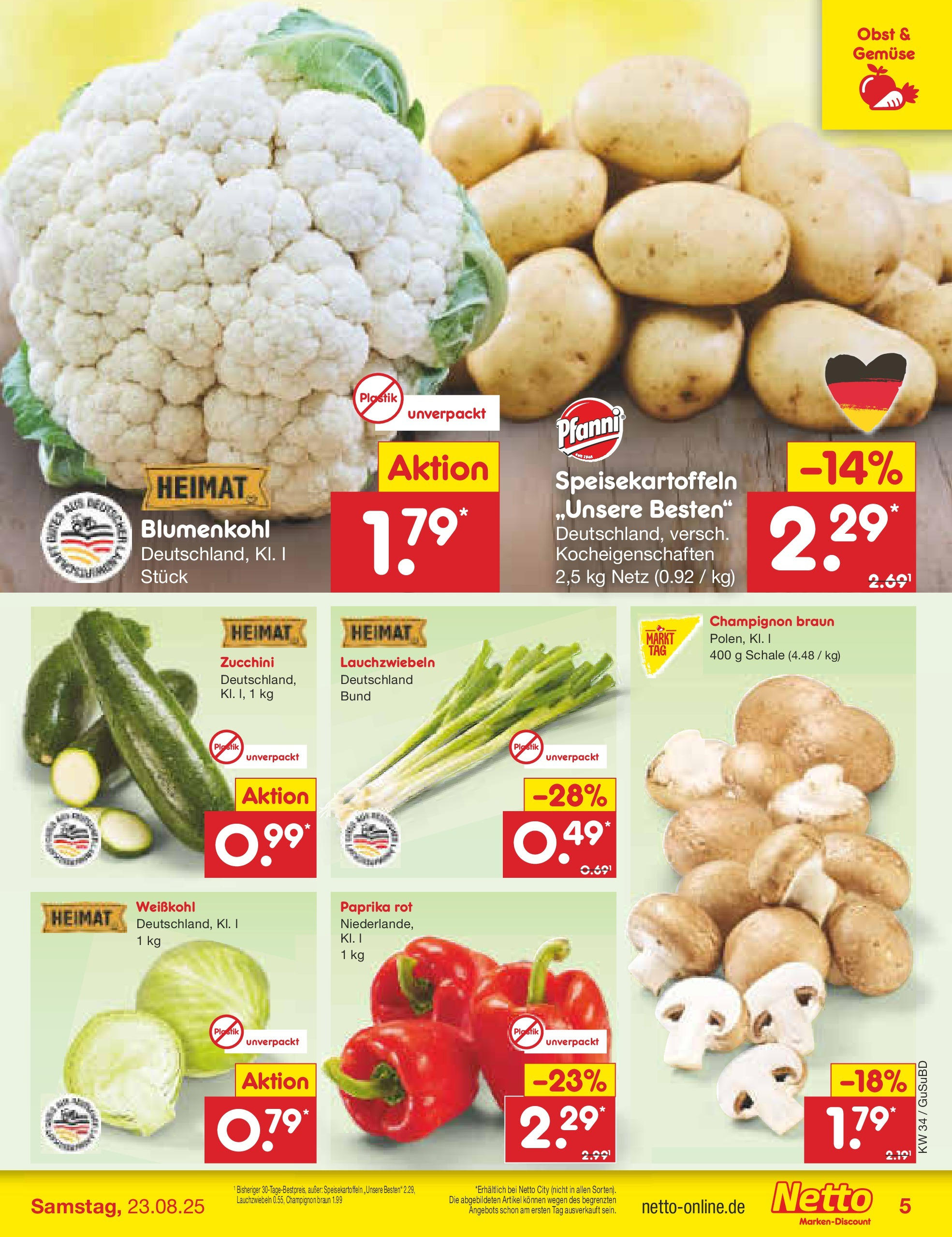 Netto Marken-Discount prospekt Glauchau	 (ab 18.08.2025) » Angebote | Seite: 5 | Produkte: Paprika rot, Paprika, Obst, Blumenkohl