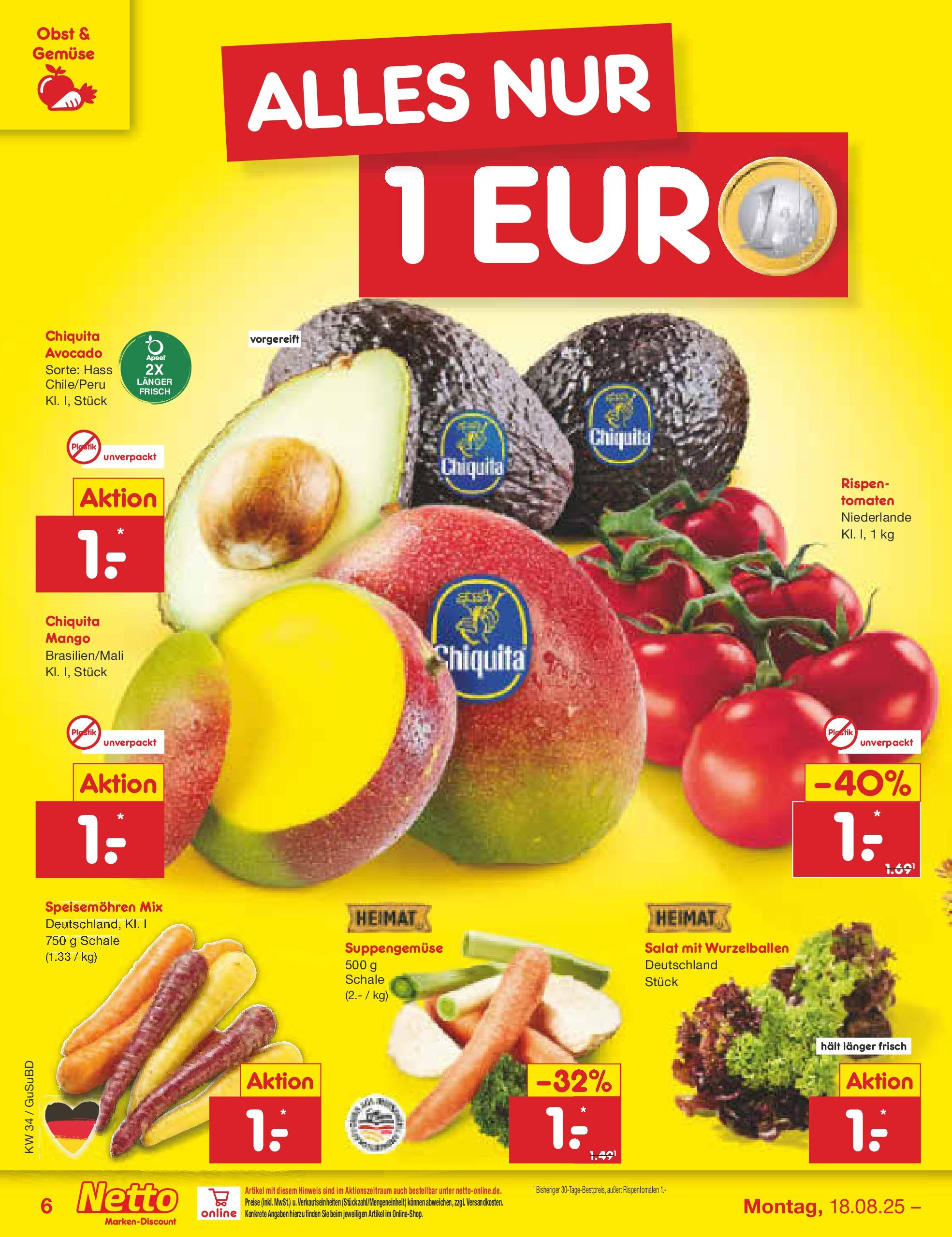 Netto Marken-Discount prospekt Glauchau	 (ab 18.08.2025) » Angebote | Seite: 6 | Produkte: Avocado, Gemüse, Obst, Mango
