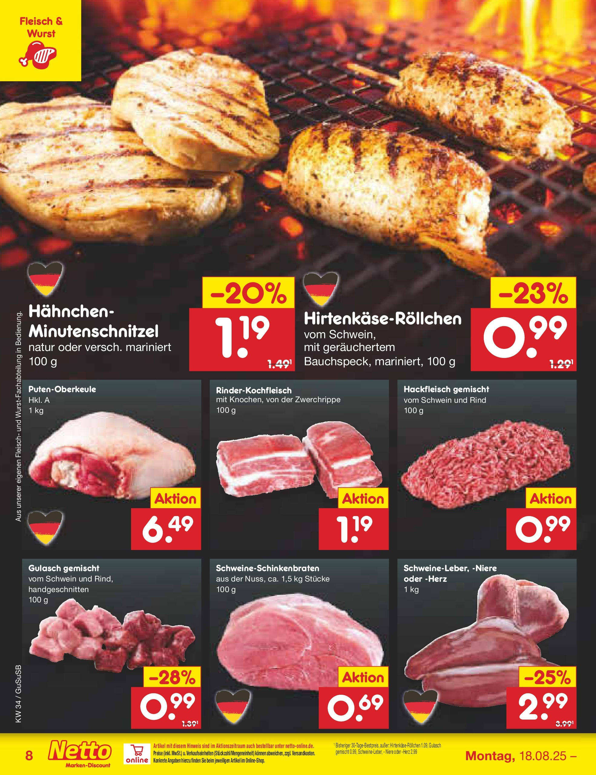 Netto Marken-Discount prospekt Glauchau	 (ab 18.08.2025) » Angebote | Seite: 8 | Produkte: Gulasch, Wurst, Fleisch, Hackfleisch