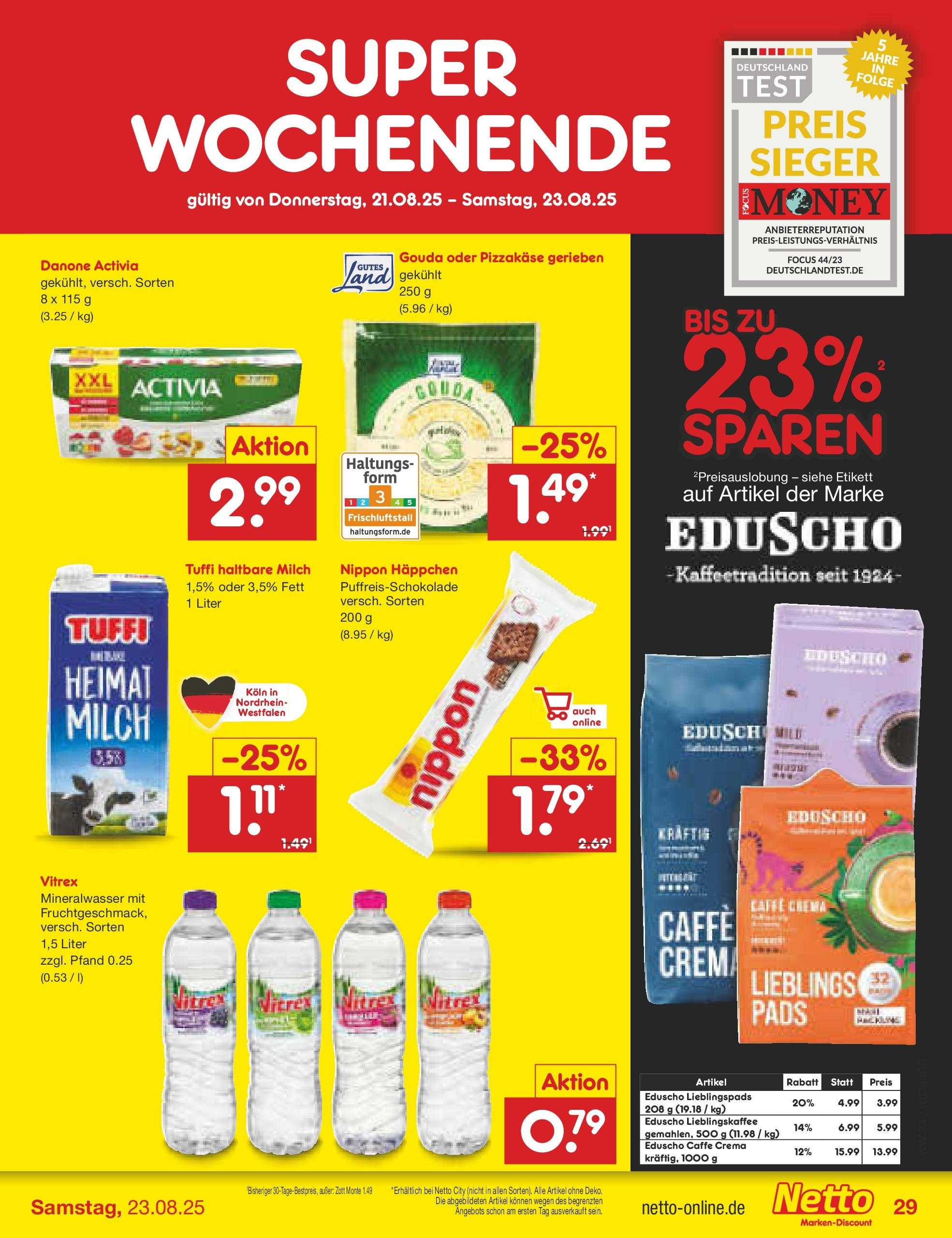Netto Marken-Discount prospekt Düsseldorf-Rath	 (ab 18.08.2025) » Angebote | Seite: 53 | Produkte: Activia, Milch, Gouda, Eduscho