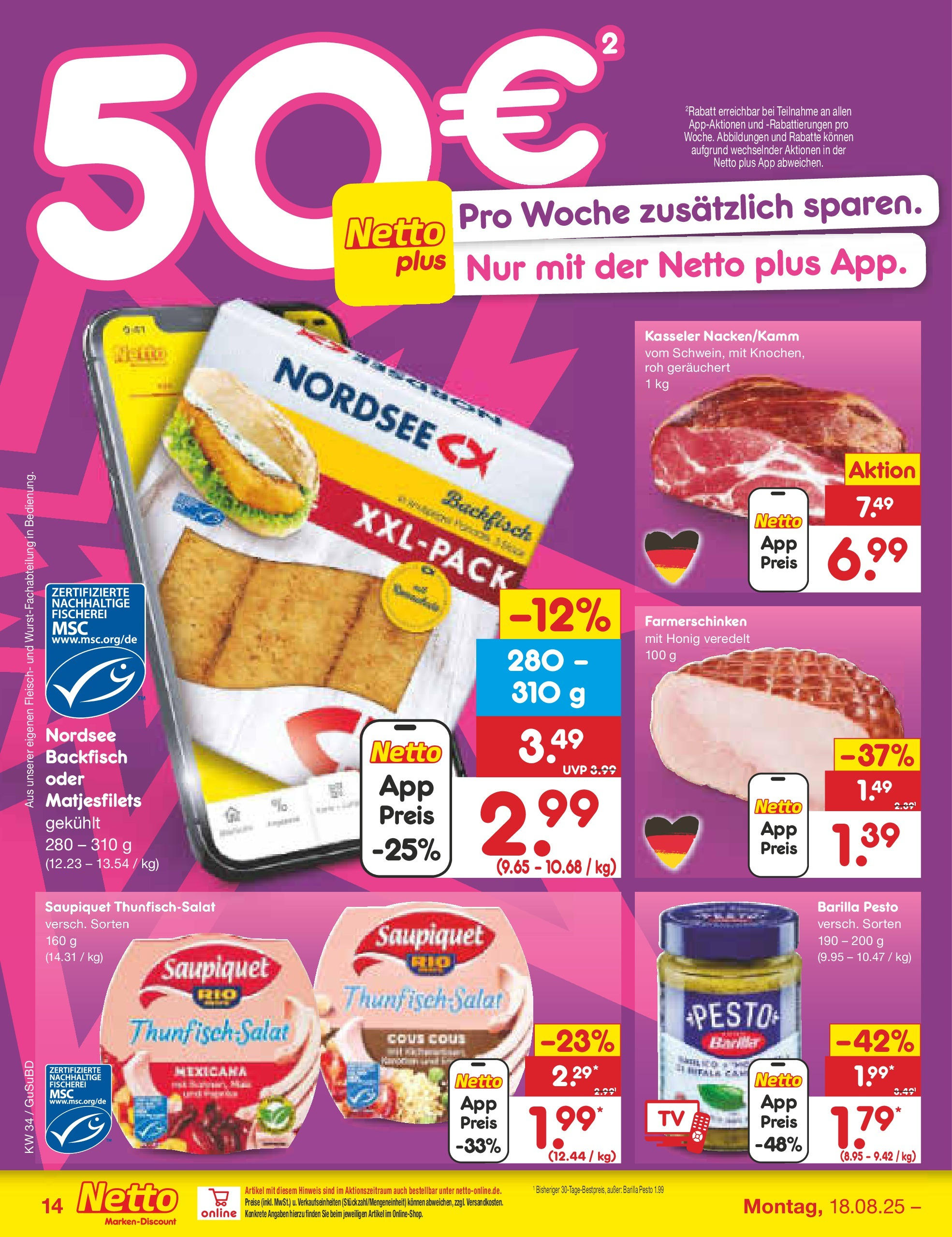 Netto Marken-Discount prospekt Glauchau	 (ab 18.08.2025) » Angebote | Seite: 16 | Produkte: Thunfisch, Barilla pesto, Fleisch, TV