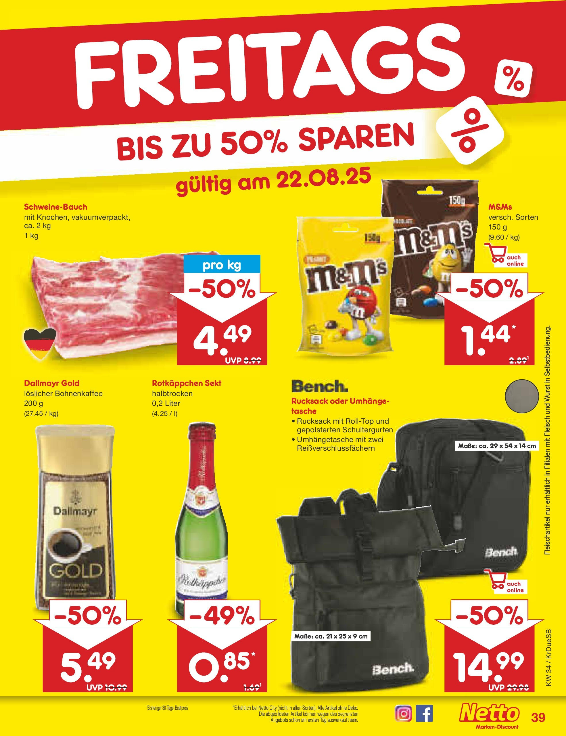 Netto Marken-Discount prospekt Düsseldorf-Rath	 (ab 18.08.2025) » Angebote | Seite: 63 | Produkte: Schweinebauch, M&M's, Wurst, Fleisch