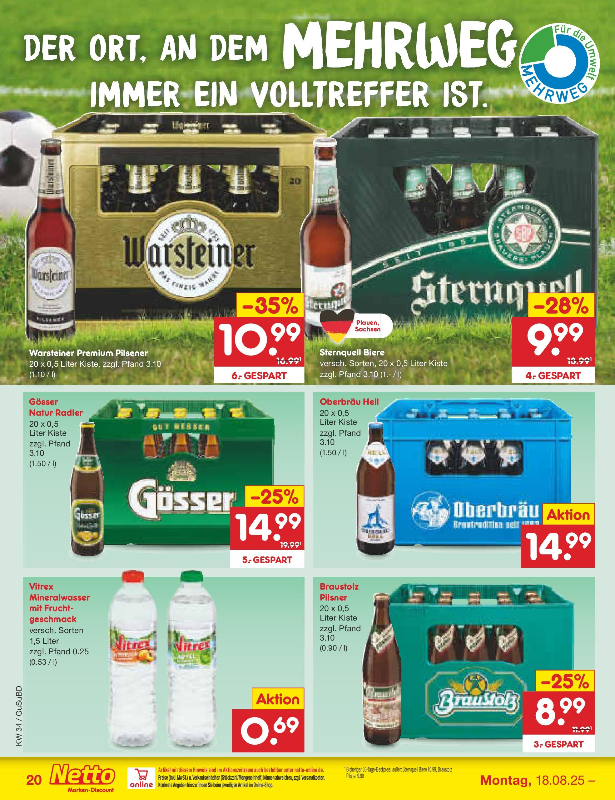 Netto Marken-Discount prospekt Glauchau	 (ab 18.08.2025) » Angebote | Seite: 28 | Produkte: Mineralwasser, Radler, Warsteiner