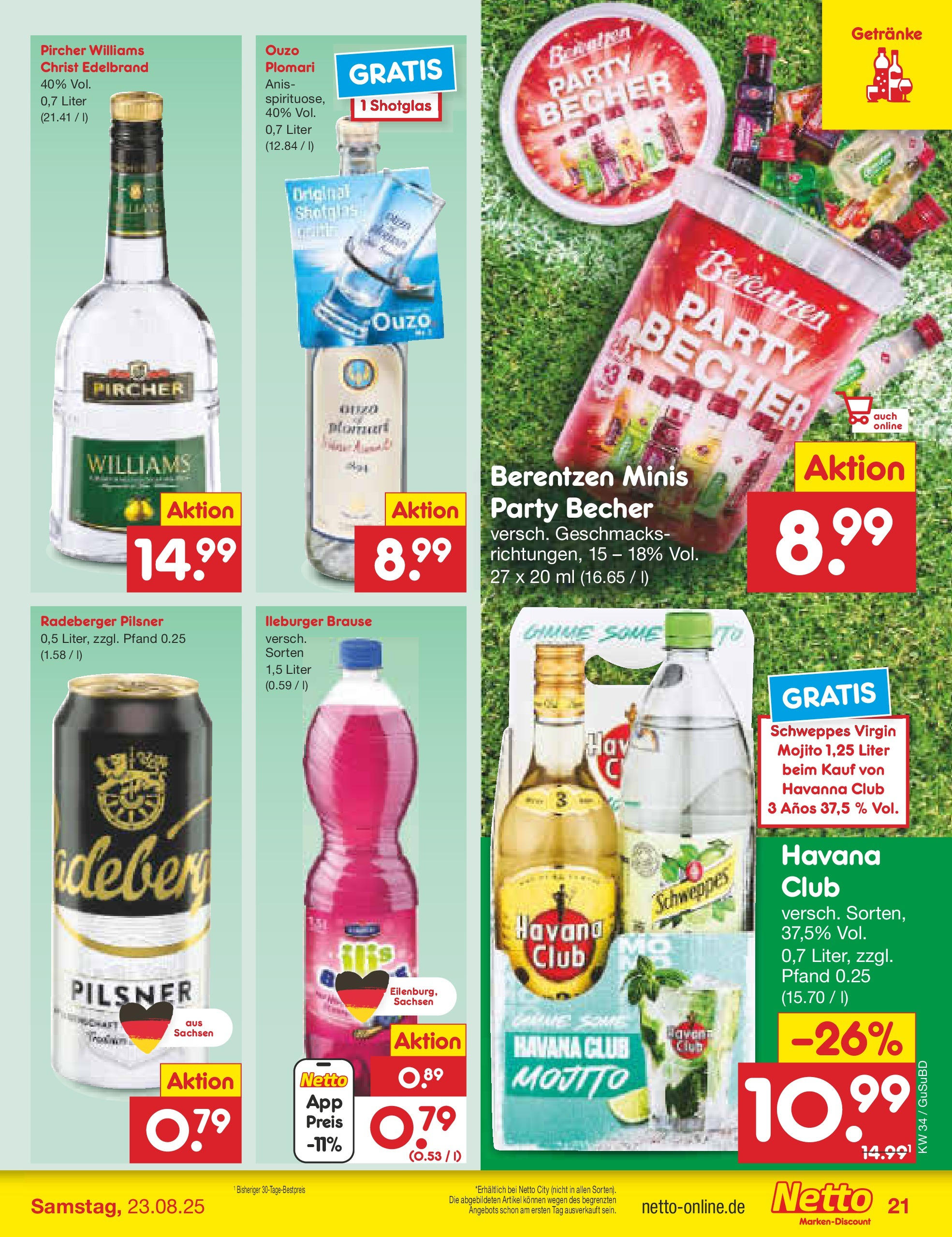 Netto Marken-Discount prospekt Glauchau	 (ab 18.08.2025) » Angebote | Seite: 29 | Produkte: Havana club, Ouzo, Schweppes, Radeberger pilsner