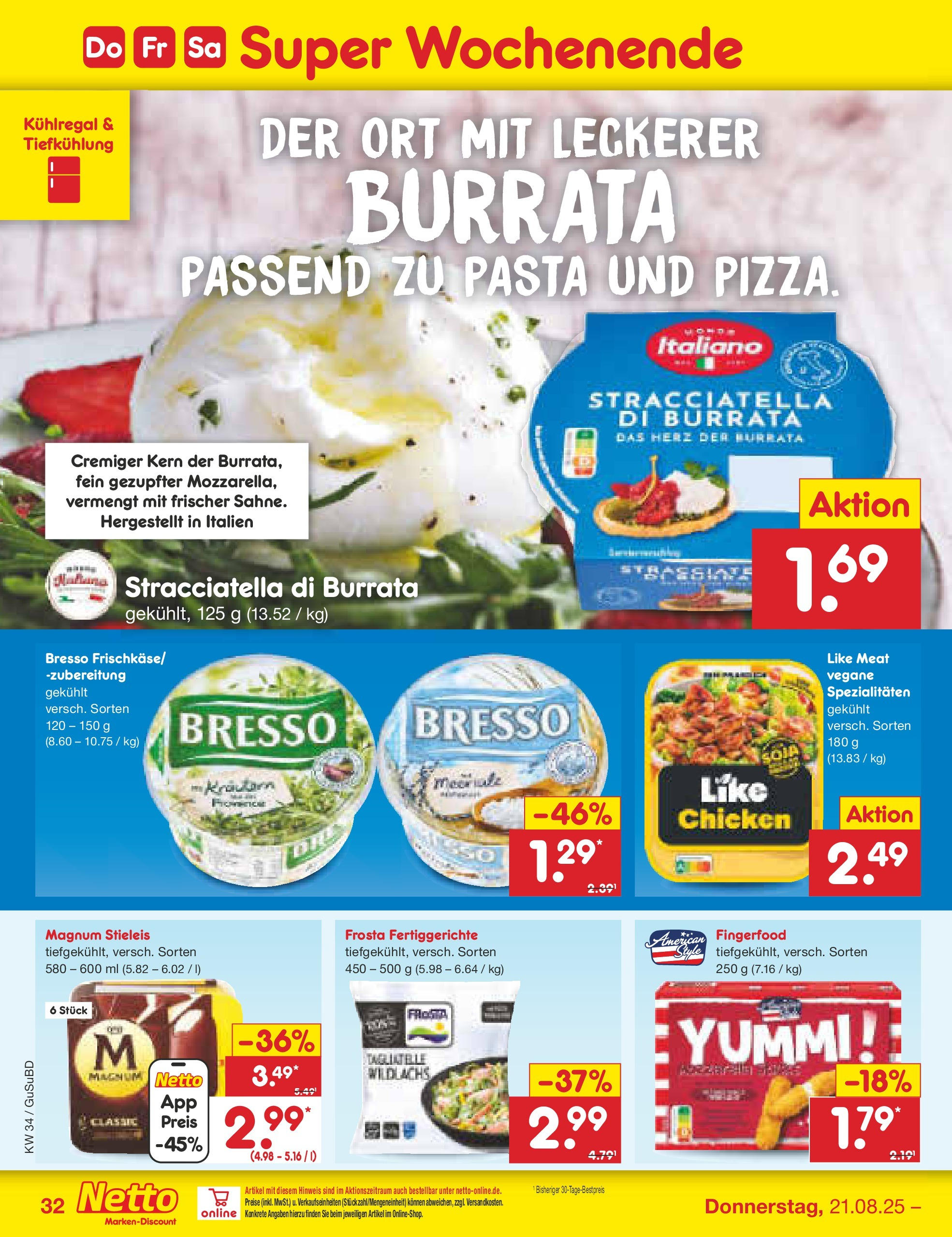 Netto Marken-Discount prospekt Glauchau	 (ab 18.08.2025) » Angebote | Seite: 56 | Produkte: Burrata, Fertiggerichte, Like meat, Pasta