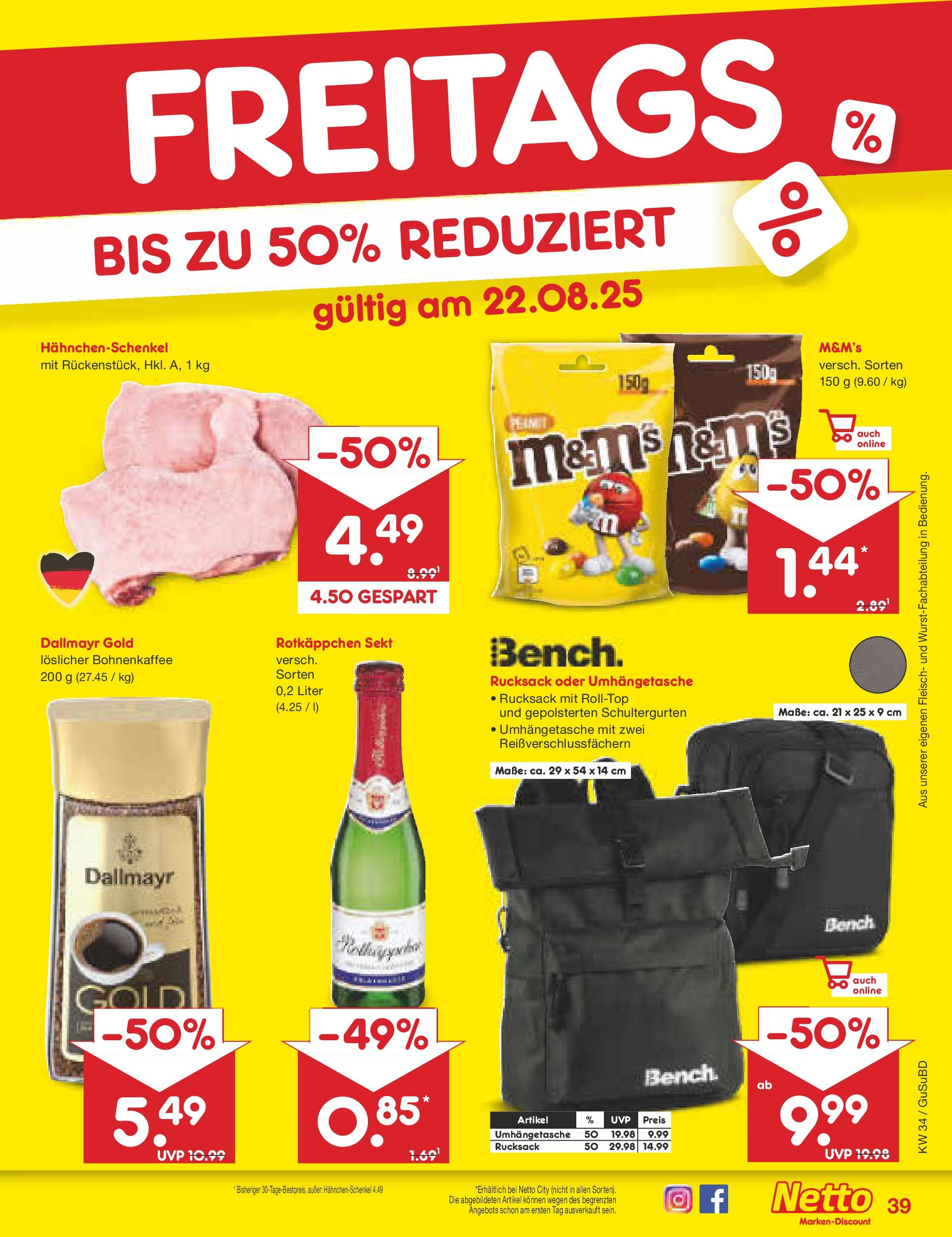 Netto Marken-Discount prospekt Glauchau	 (ab 18.08.2025) » Angebote | Seite: 63 | Produkte: Hahnchenschenkel, Sekt, M&M's, Rucksack
