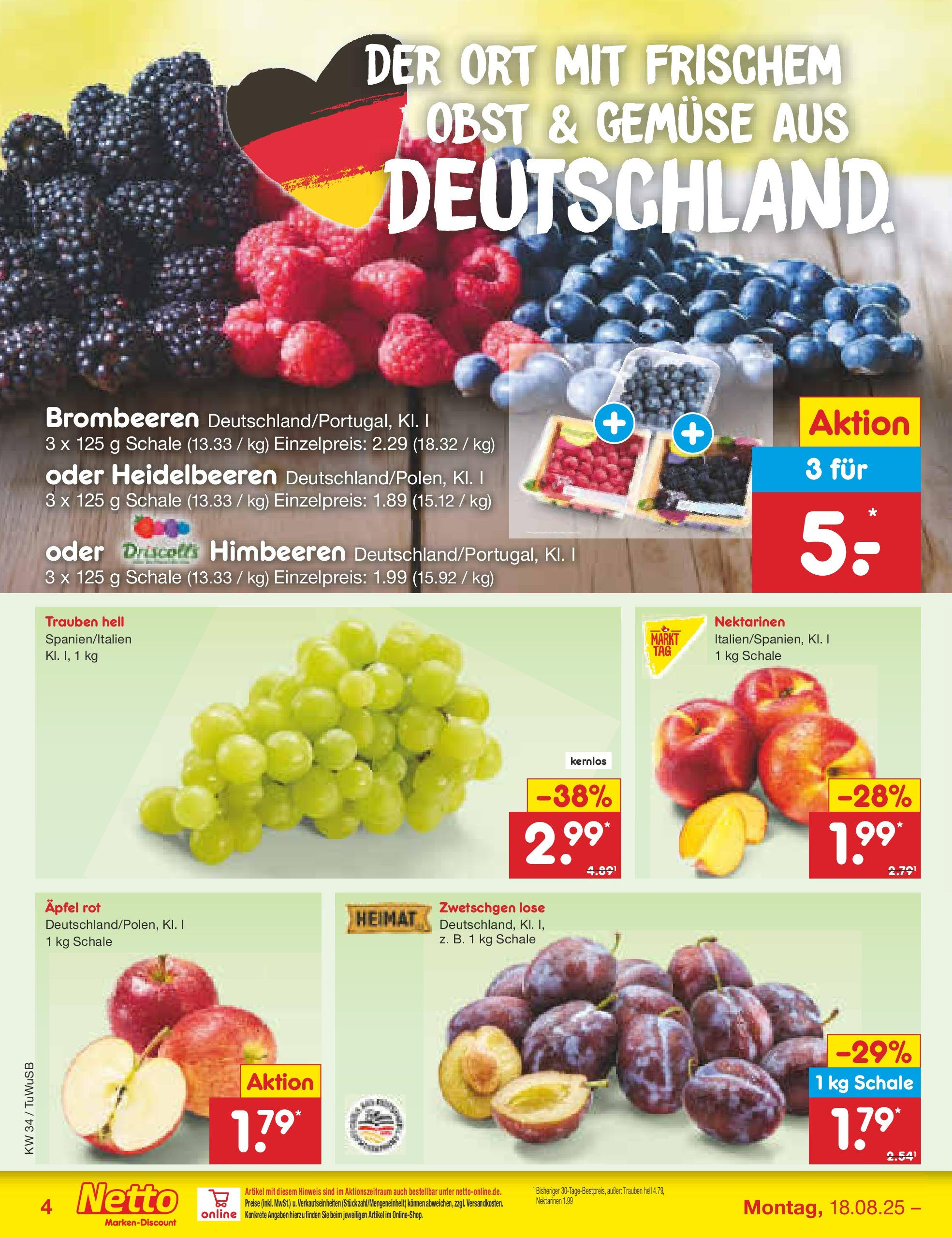 Netto Marken-Discount prospekt Calw-Stammheim	 (ab 18.08.2025) » Angebote | Seite: 4 | Produkte: Trauben, Äpfel, Heidelbeeren, Gemüse