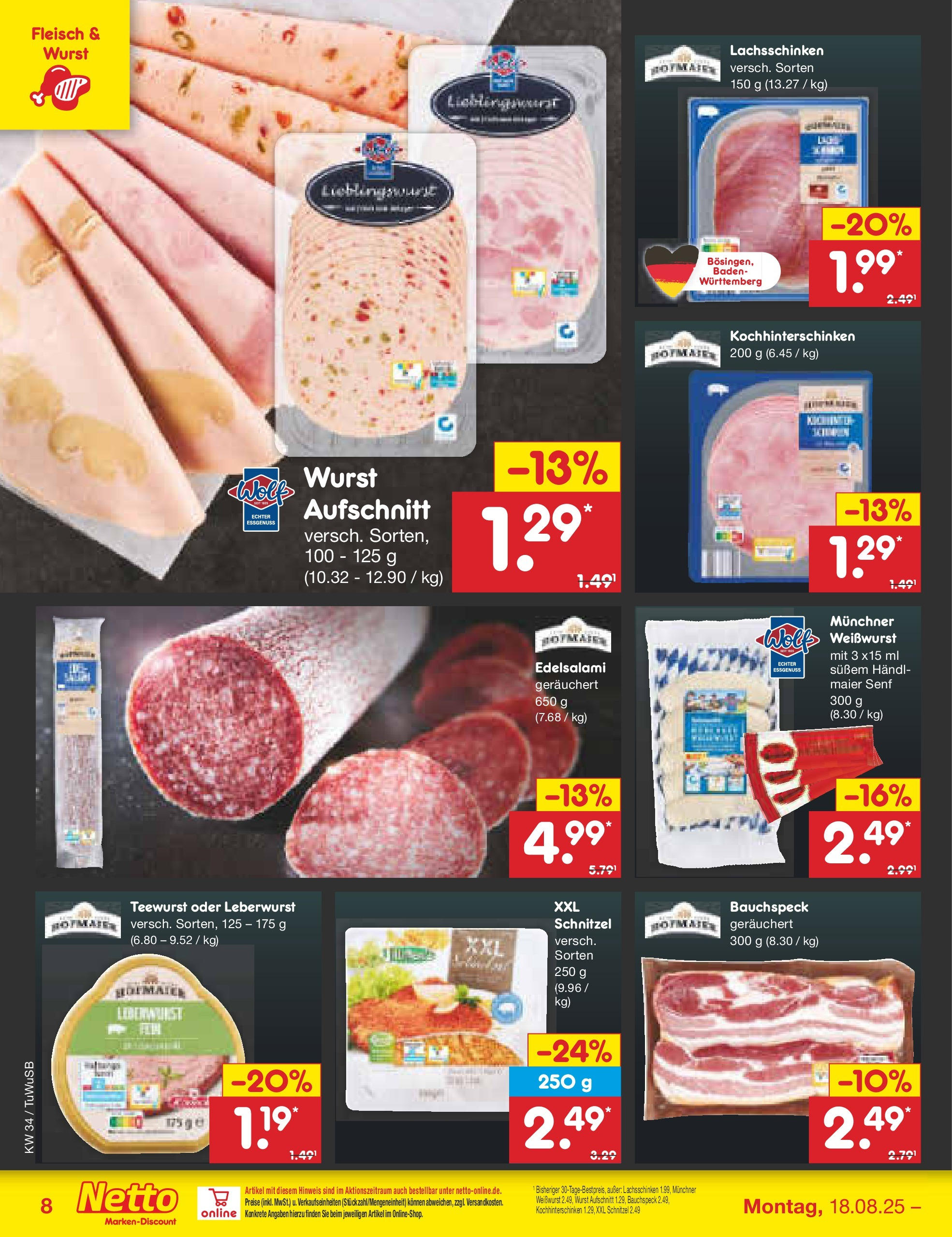 Netto Marken-Discount prospekt Calw-Stammheim	 (ab 18.08.2025) » Angebote | Seite: 8 | Produkte: Weißwurst, Schnitzel, Wurst, Fleisch
