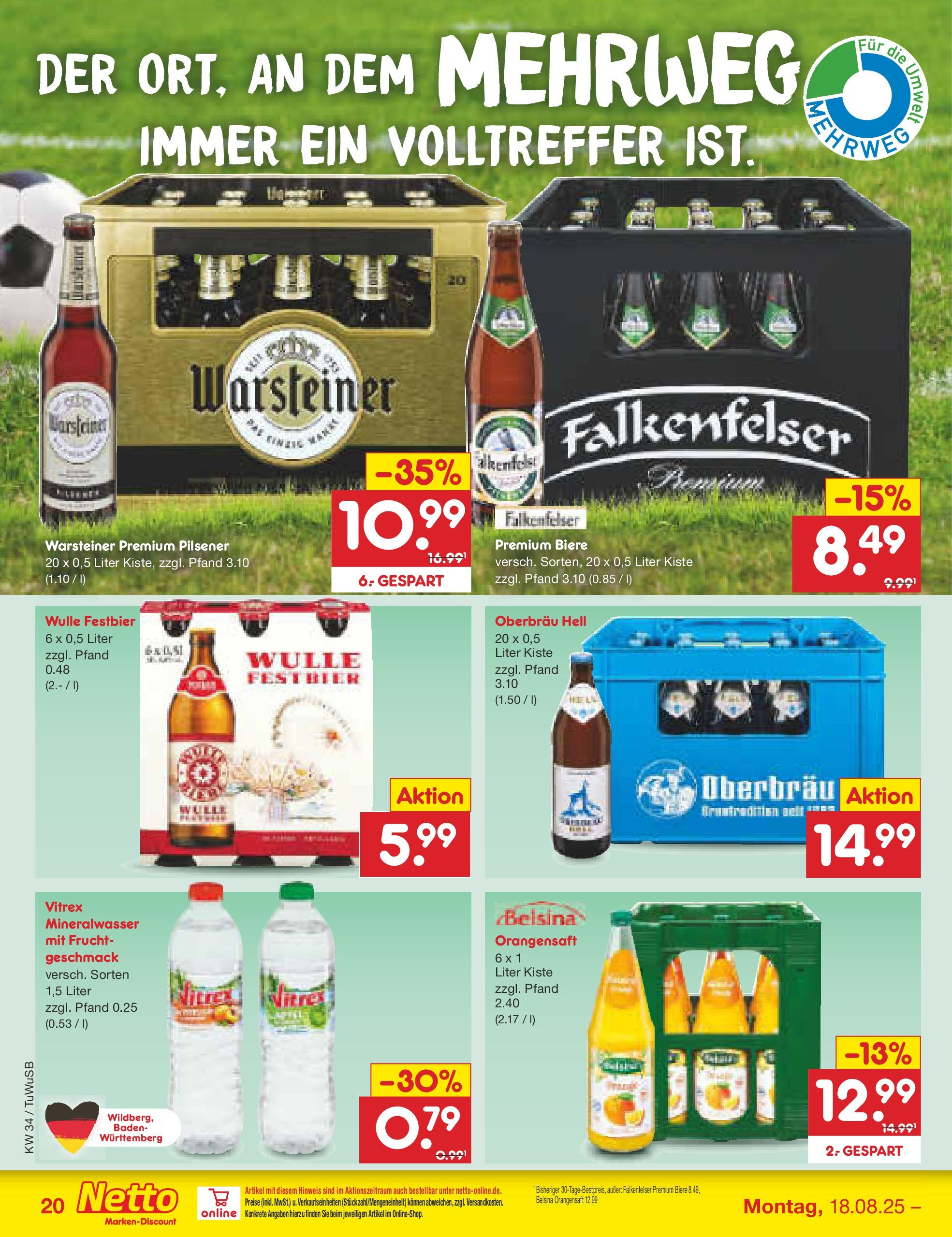 Netto Marken-Discount prospekt Calw-Stammheim	 (ab 18.08.2025) » Angebote | Seite: 28 | Produkte: Bier, Orangensaft, Mineralwasser, Warsteiner