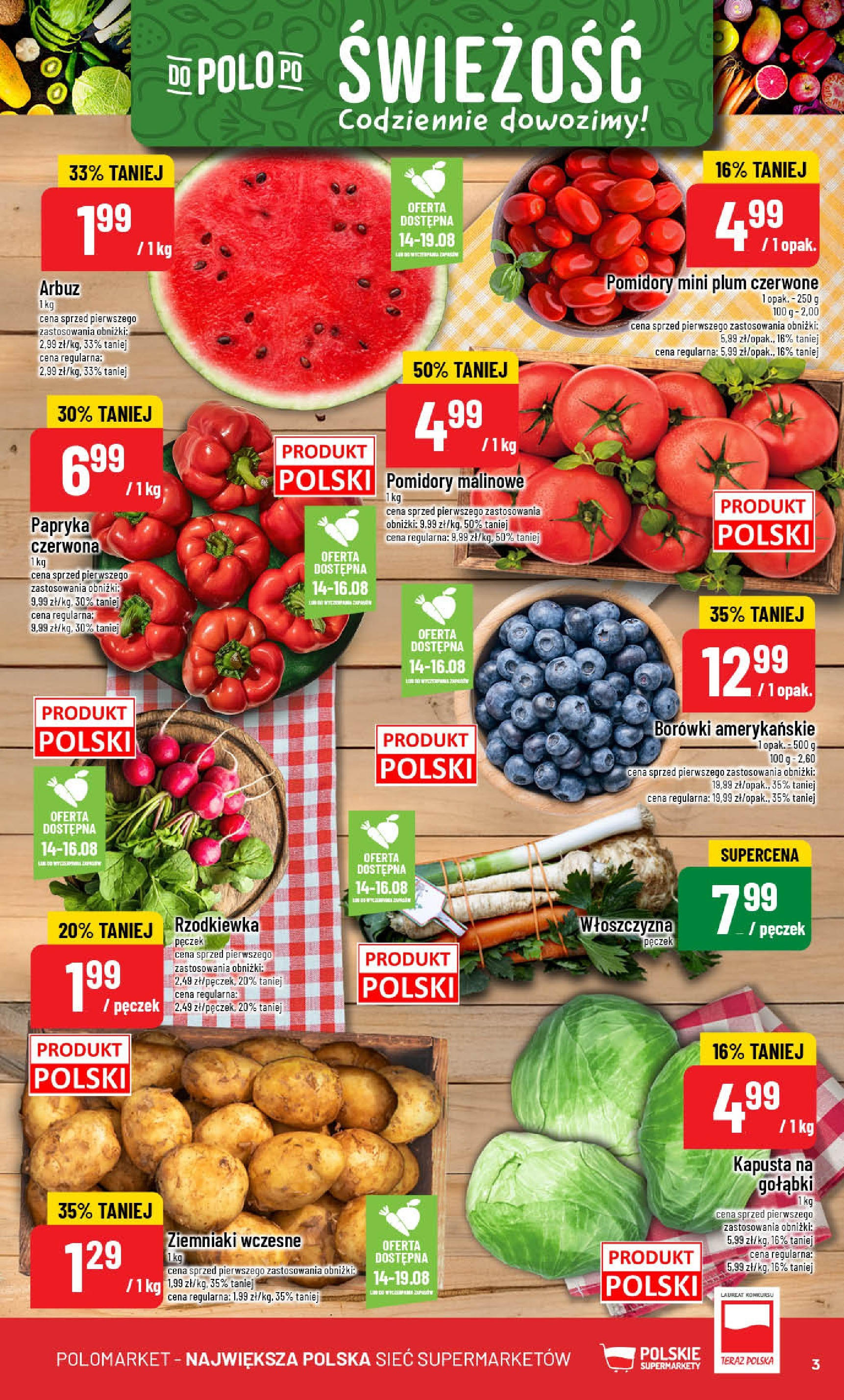 POLOmarket gazetka od jutra (13.08.2025) - Nowa PDF | Strona: 3 | Produkty: Arbuz, Papryka, Pomidory malinowe, Pomidory