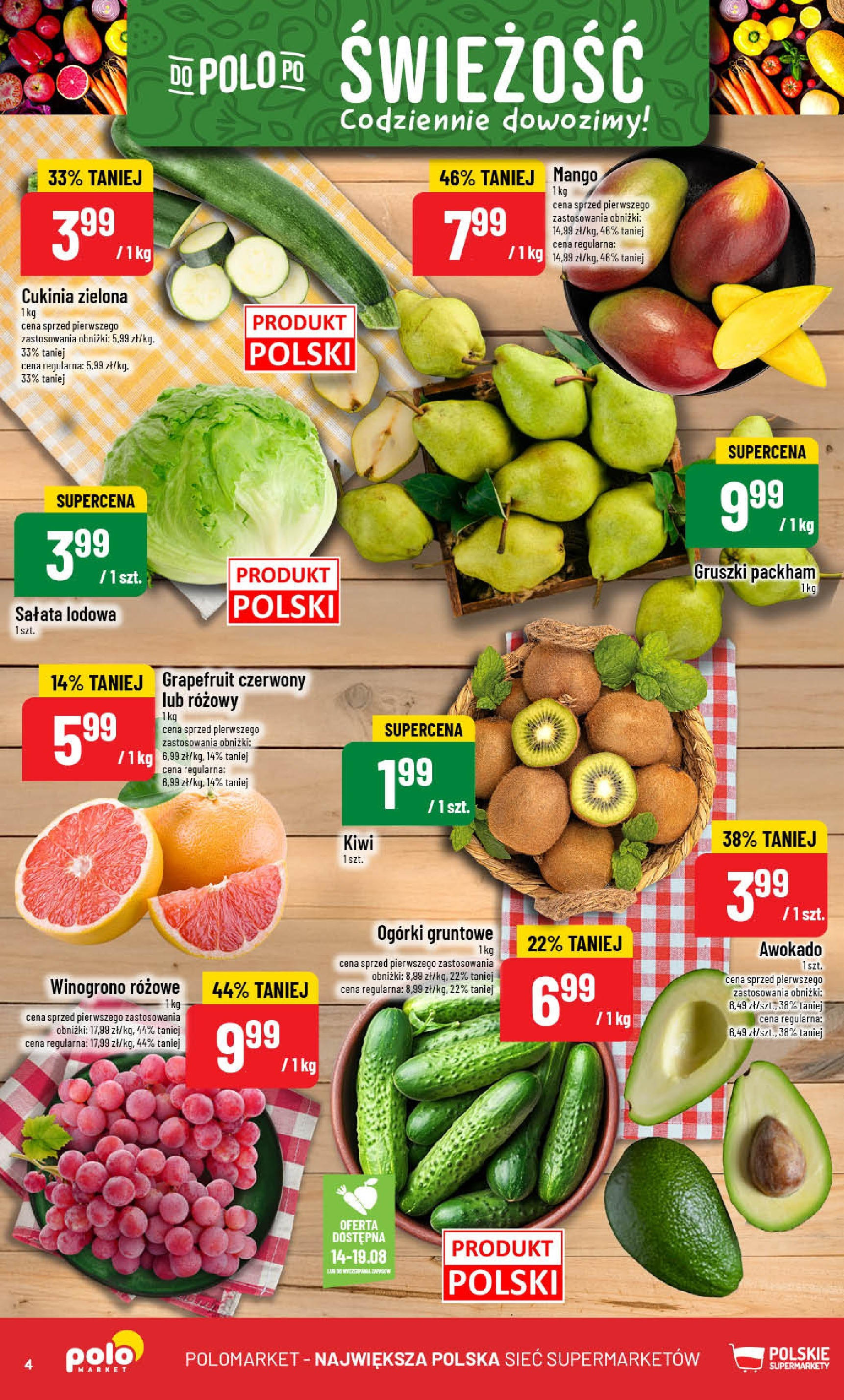 POLOmarket gazetka od jutra (13.08.2025) - Nowa PDF | Strona: 4 | Produkty: Mango, Winogrono, Cukinia, Ogórki