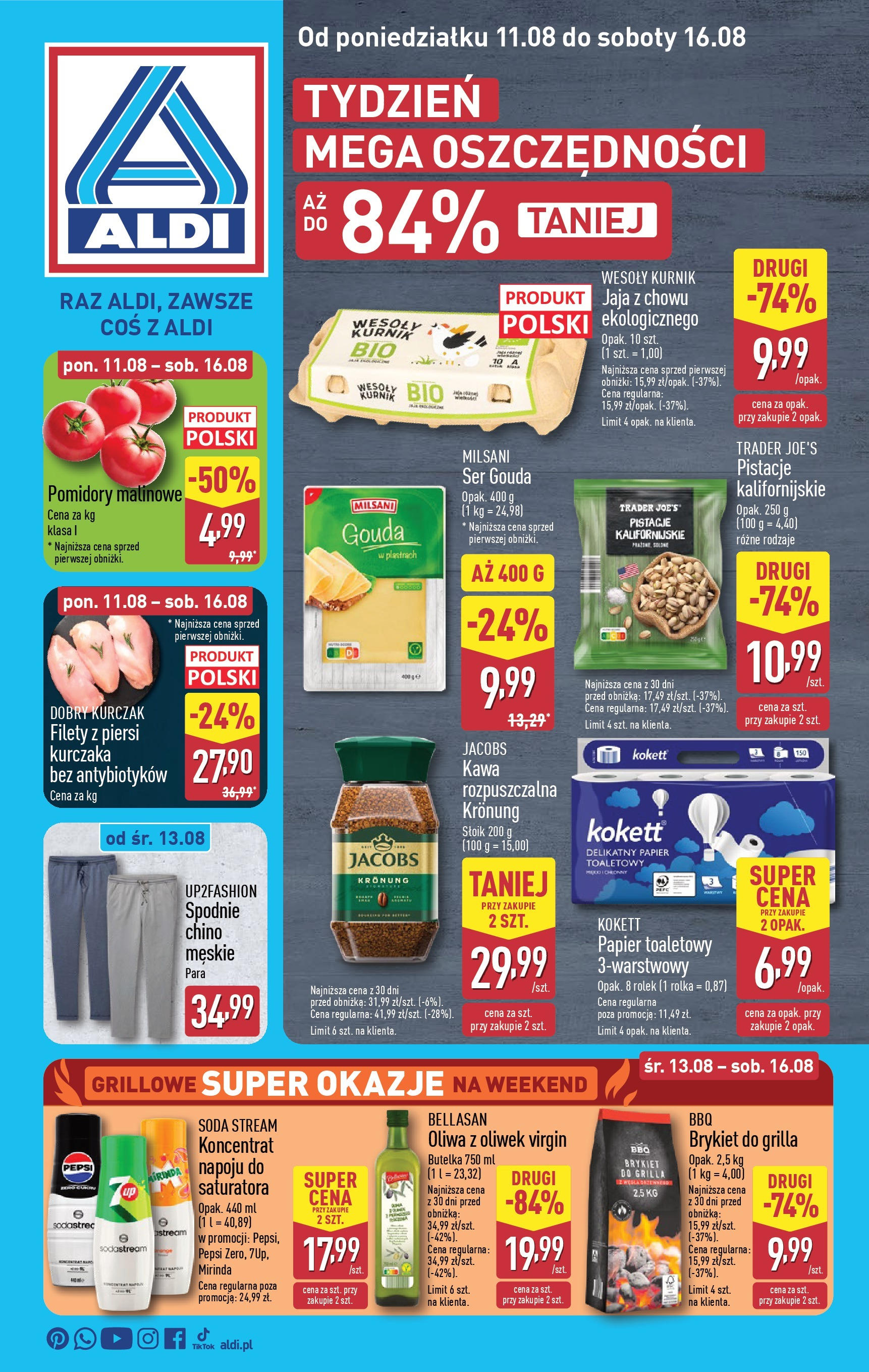 Aldi Gazetka od 11.08.2025 - Ulotka PDF, promocje | Strona: 1 | Produkty: Spodnie, Ser, Kawa, Sodastream