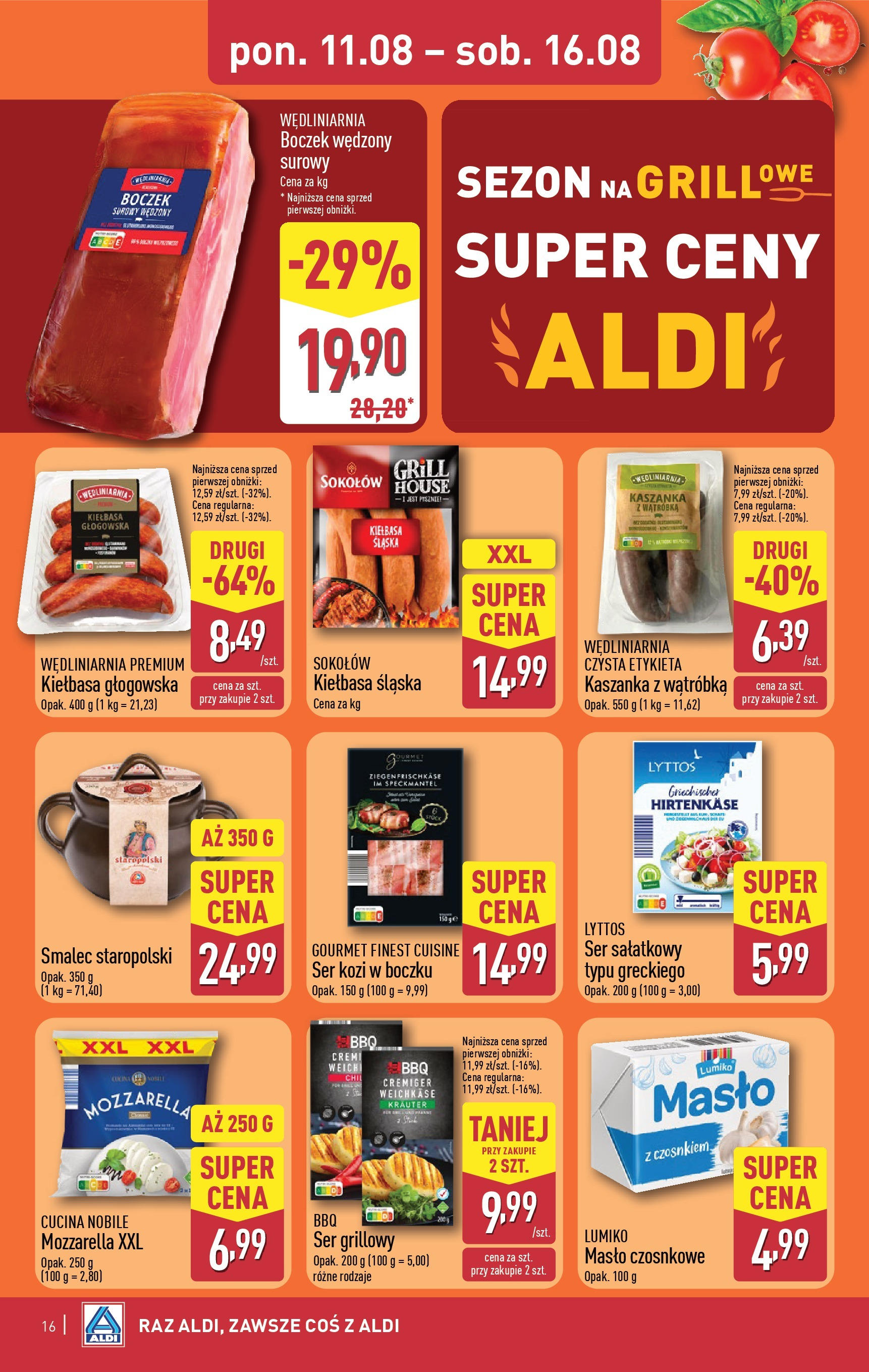 Aldi Gazetka od 11.08.2025 - Ulotka PDF, promocje | Strona: 16 | Produkty: Kiełbasa, Kaszanka, Boczek wędzony, Ser